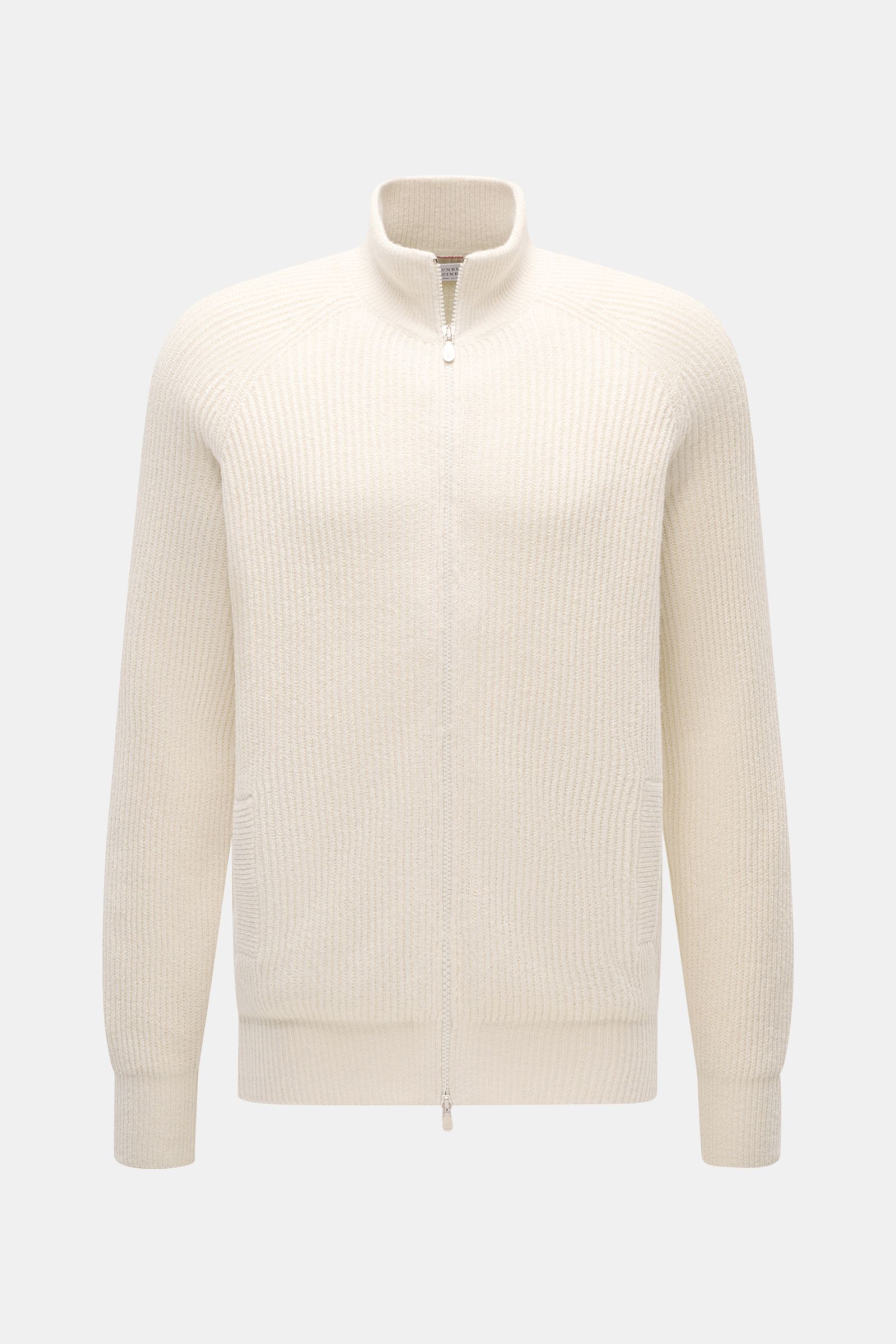Front view of Brunello Cucinelli Cardigan cream in soft pure cotton brioche knit with a two-way zip, close-fitting collar, and pockets.

BRUNELLO CUCINELLI adds luxury to your casual wardrobe with this cardigan in brioche knit in soft cotton enhanced w
