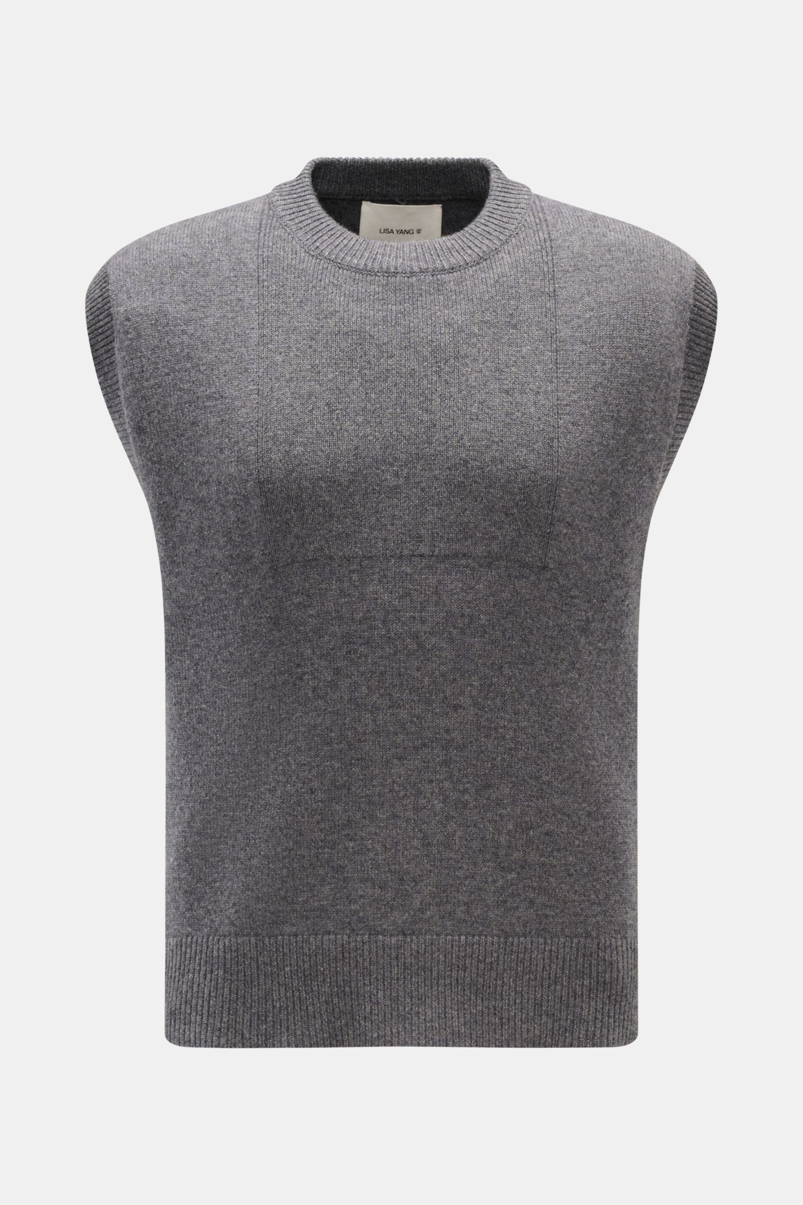 Lisa Yang Cashmere Pullunder 'Dennis' grau meliert, Frontansicht, Slim Fit, Rundhalsausschnitt, reiner Cashmere, weicher Griff, feines Strickbild, Rippstrick-Saum.