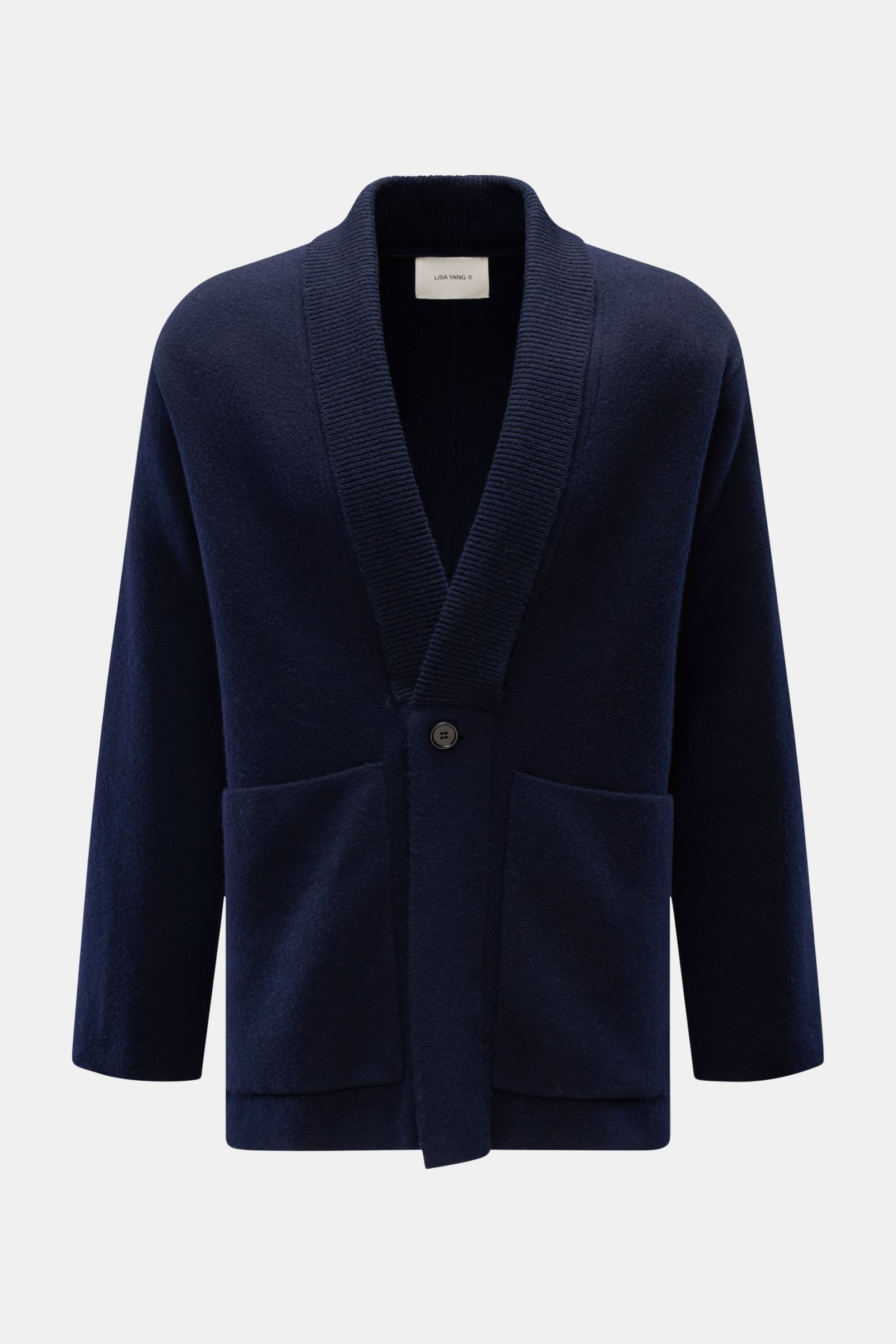 Front view of Lisa Yang Cashmere cardigan 'Lance' navy with shawl collar, one button, large patch pockets, and ribbed bands in pure cashmere.

Contemporary design by LISA YANG: With this straight-cut cardigan in a heavy fabric made from pure cashmere, 