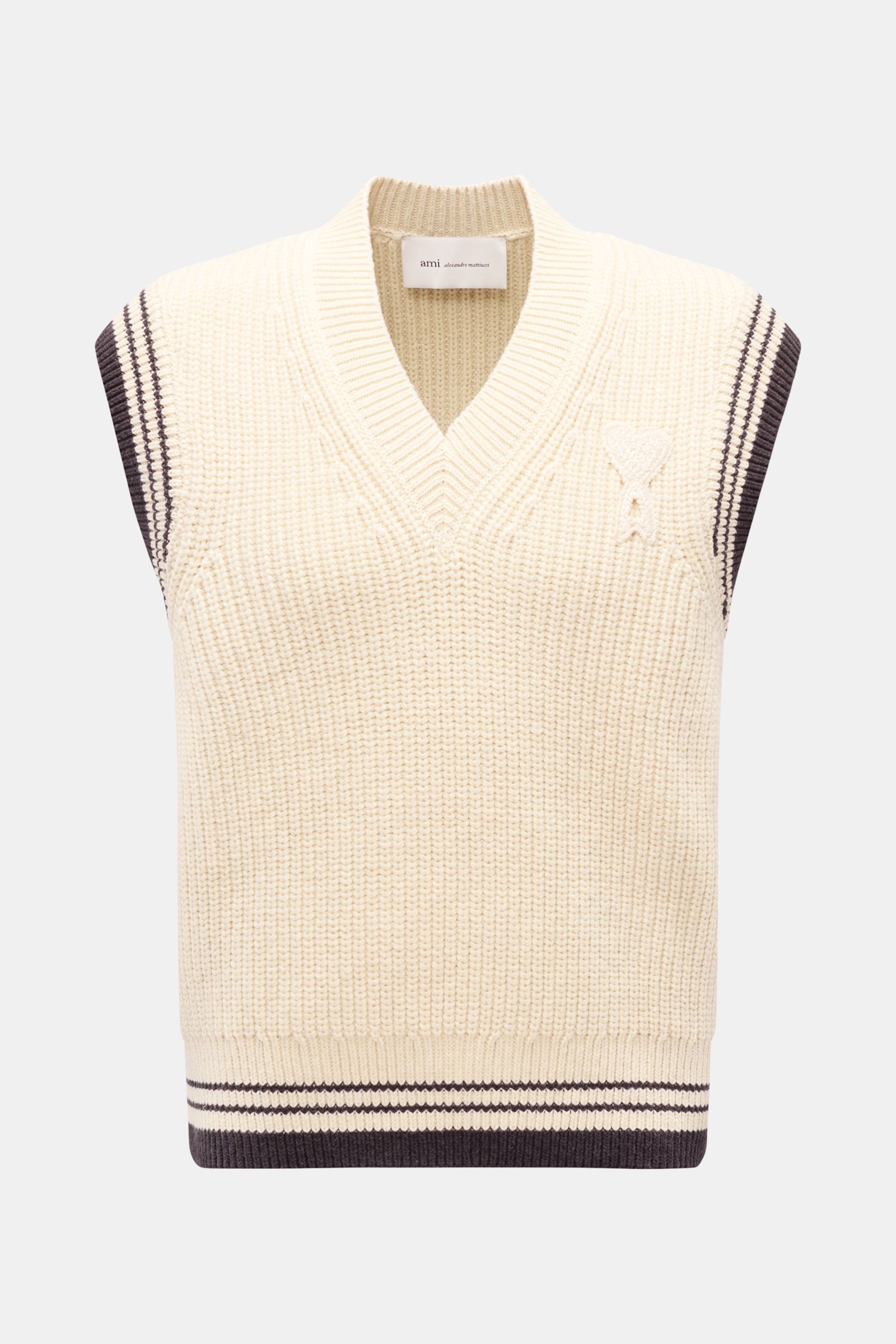 Ami Paris V-Neck Pullunder sand, grob gestrickt aus Wolle und Baumwolle, Slim Fit, V-Neck, uni mit kontrastfarbigen Rippbündchen, frontale Ansicht.