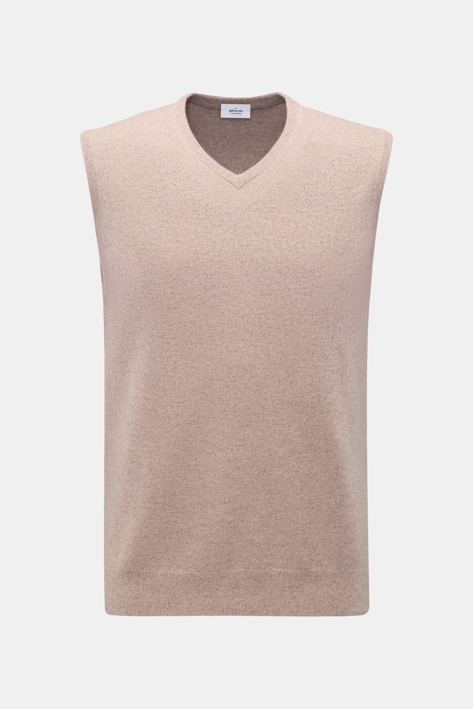 Front view of von Braun Cashmere Pullunder beige, a slim fit, sleeveless layering piece made from pure Mongolian cashmere with a very soft touch, fine knit texture, and elastic ribbed cuffs.