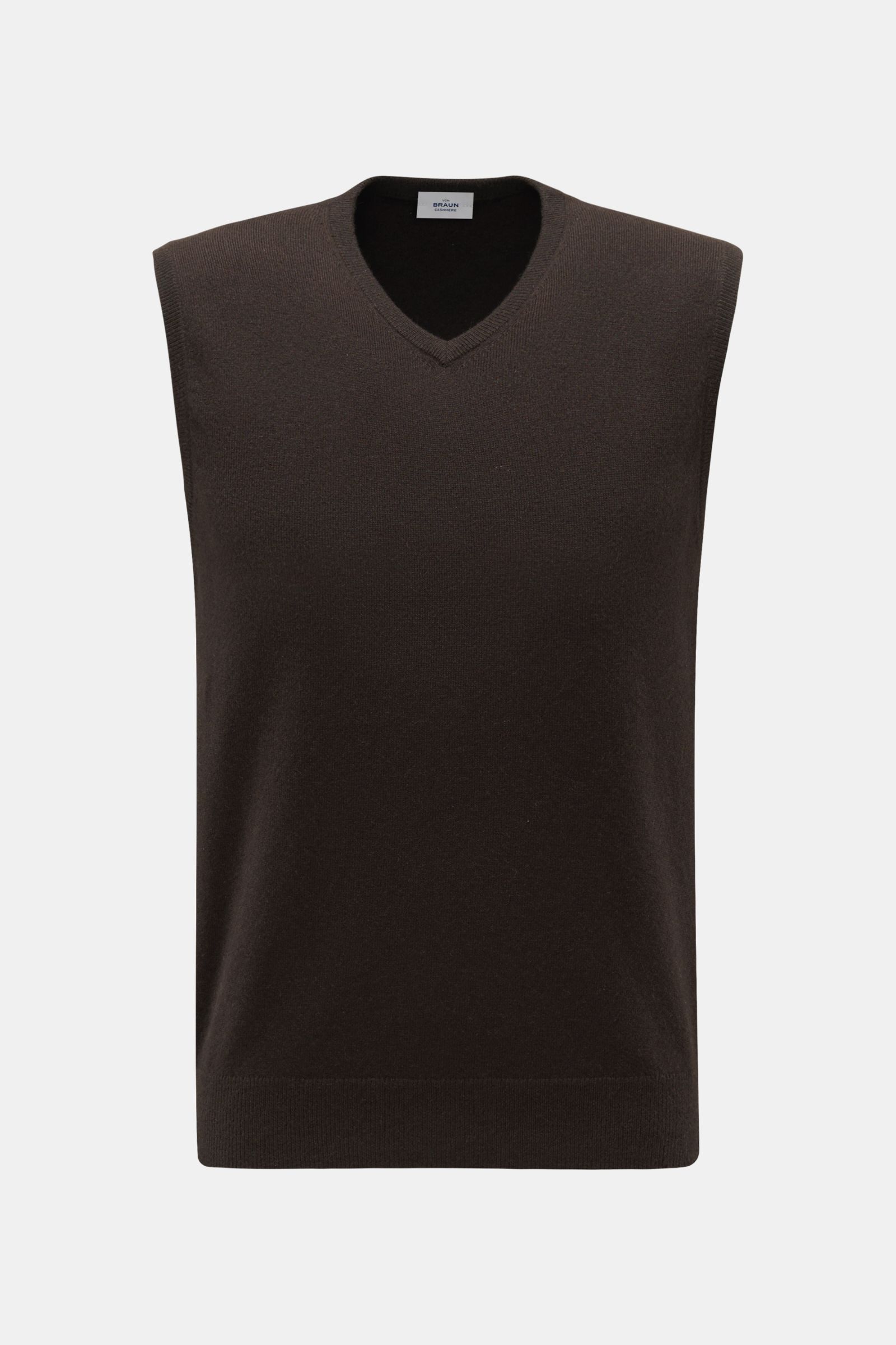 Front view of von Braun Cashmere sweater vest dark brown, a soft layering piece made of pure Mongolian cashmere with a fine knit, slim fit, and elasticated ribbed bands. 

Soft layering piece: This VON BRAUN sweater vest is made of pure Mongolian cashm