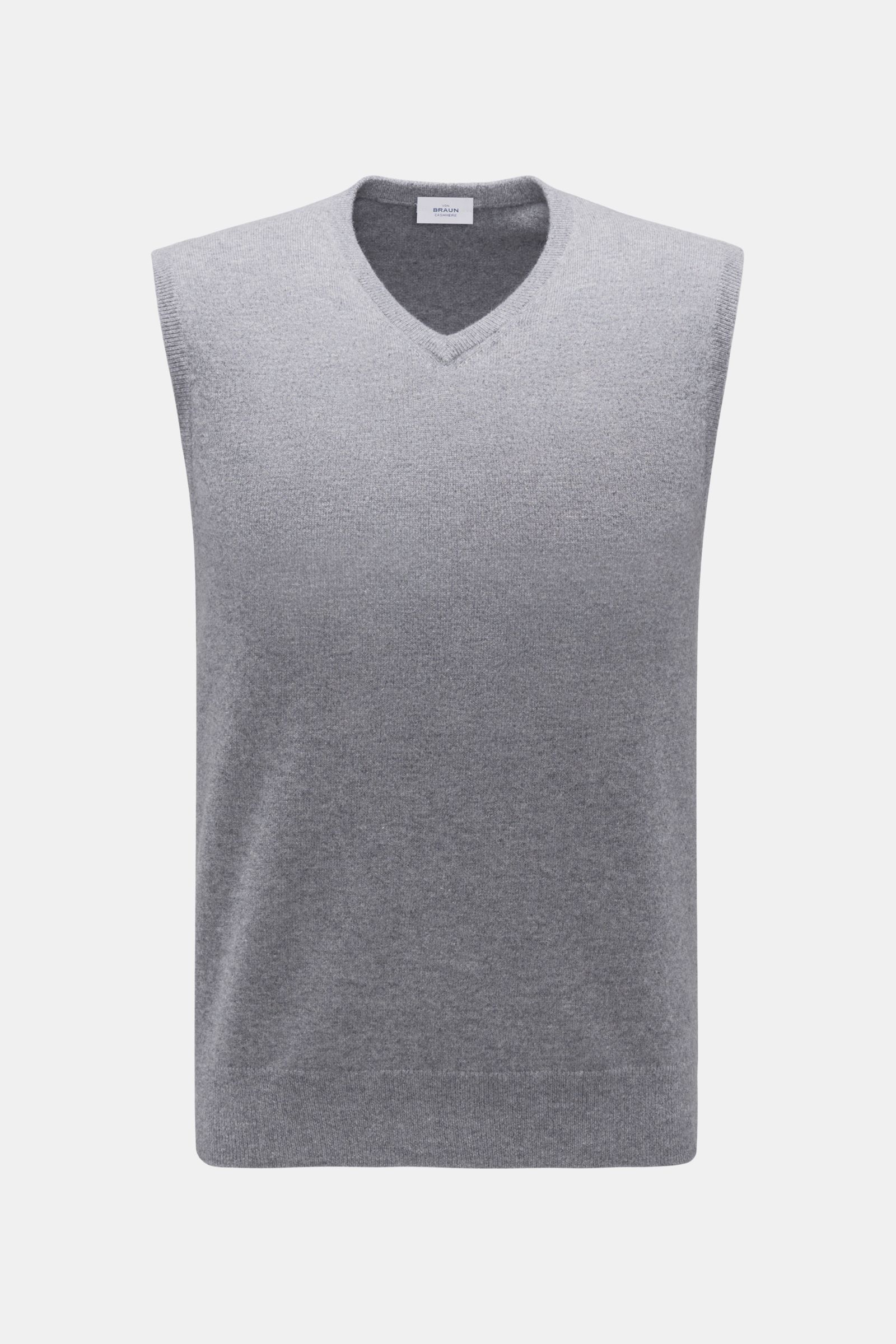 von Braun Cashmere Pullunder grau meliert, frontal fotografiert, geschmeidiges Layering-Piece aus reinem, weichem Cashmere mit feinem Strickbild, Slim Fit und elastischen Rippbündchen.