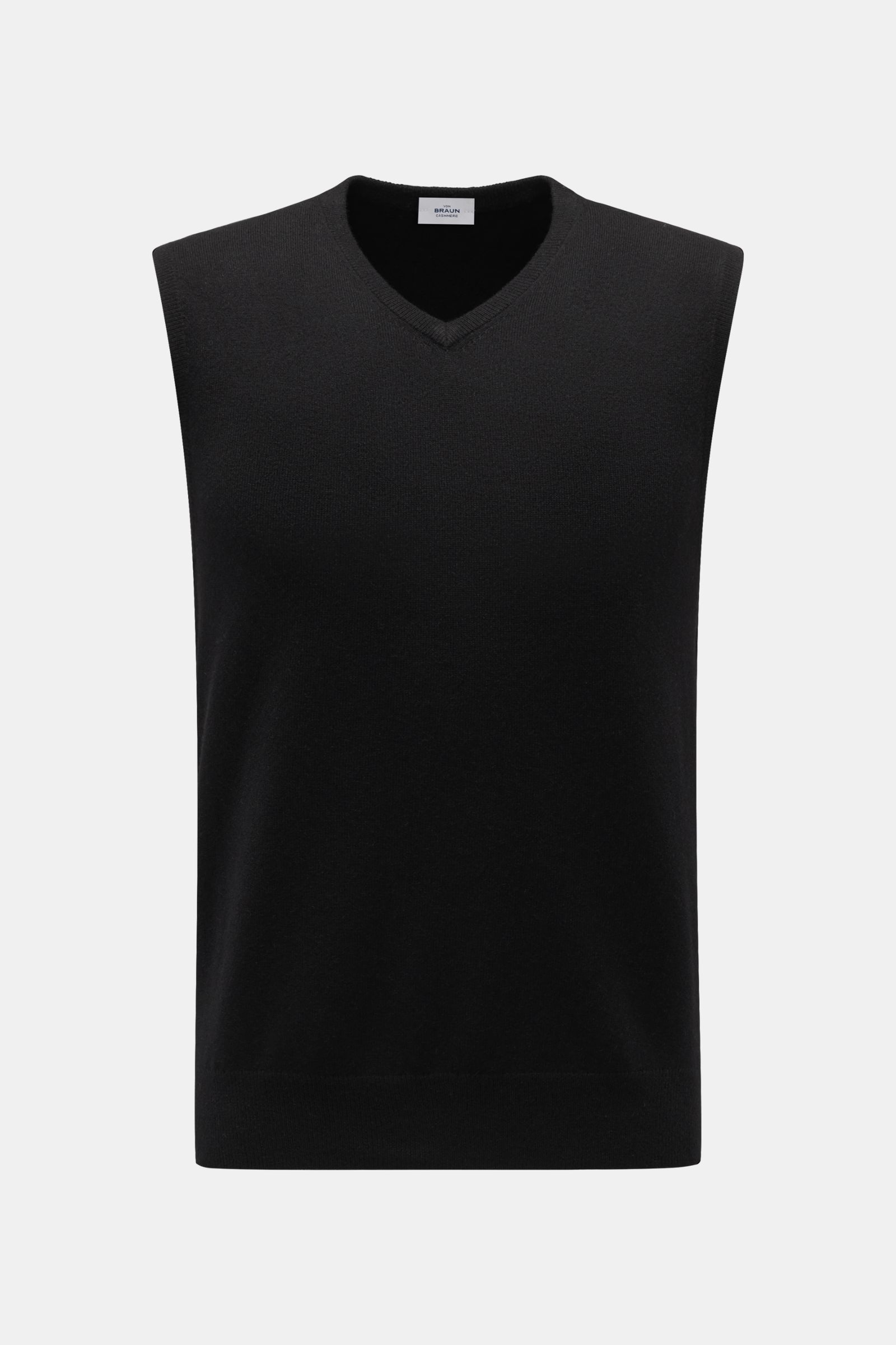Front view of von Braun Cashmere sweater vest black, a soft layering piece made of pure Mongolian cashmere with fine knit, slim fit, and elasticated ribbed bands. 

Soft layering piece: This VON BRAUN sweater vest is made of pure Mongolian cashmere to 