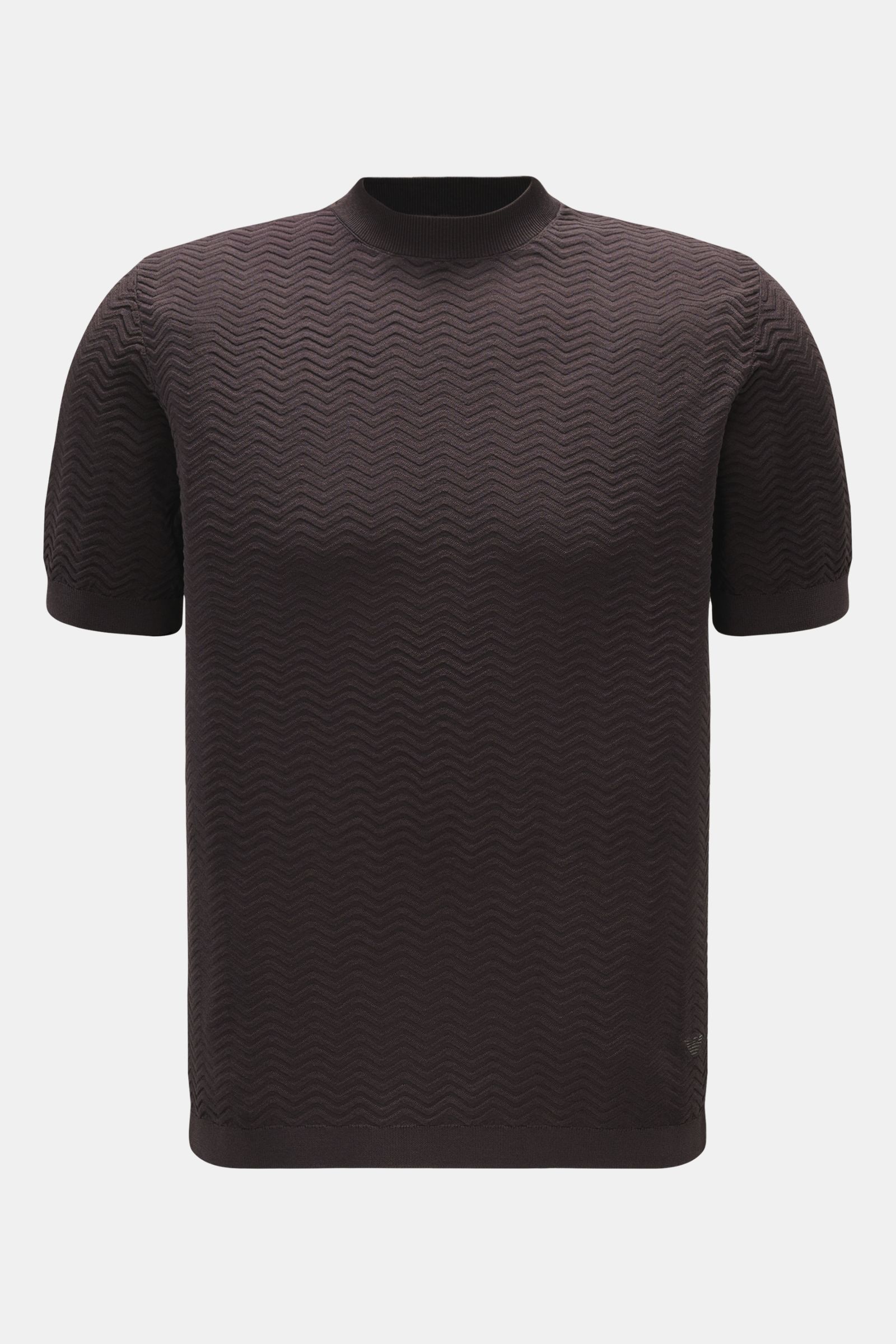 Front view of Emporio Armani Kurzarmpullover dunkelgrau, a slim fit short-sleeve sweater with elegant textured knit, round neckline, ribbed cuffs, and subtle logo stitching made from a viscose and microfiber blend, showcasing a fine structure and lightly 