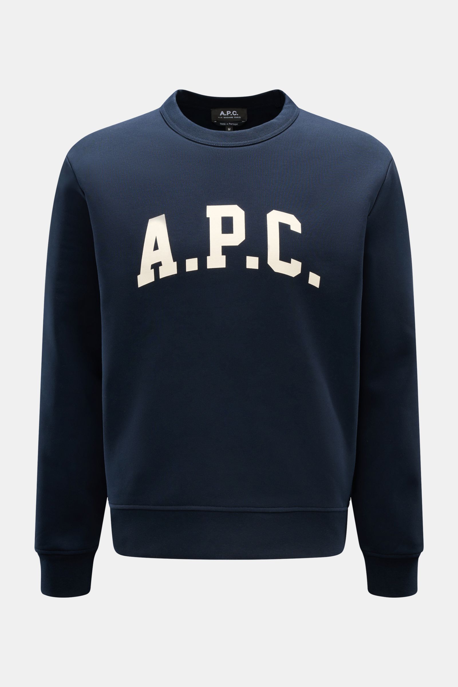 A.P.C. Rundhals-Sweatshirt 'Harris' navy, frontal fotografiert, Regular Fit, elastische Baumwolle, weicher Griff, angeraute Innenseite, College-Logo-Print, Rippbündchen.