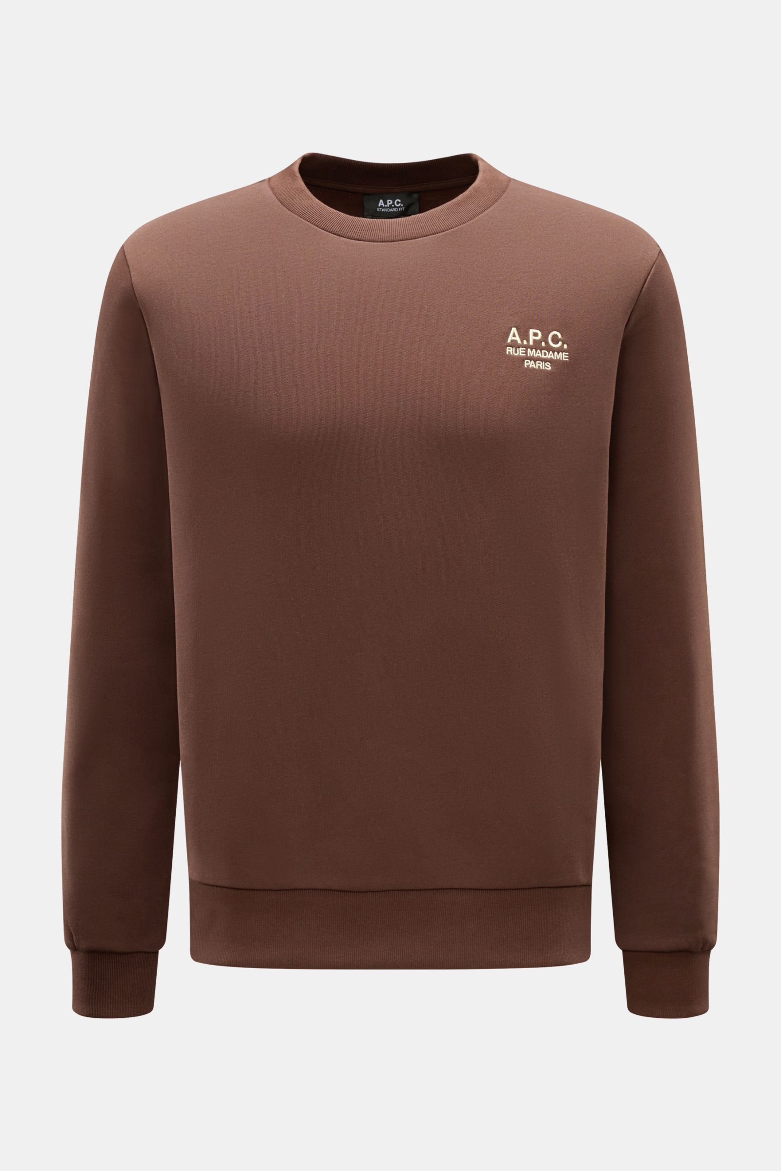 A.P.C. Rundhals-Sweatshirt 'Standard Rue Madame' braun, slim Fit, aus elastischer Baumwolle mit farblich abgesetztem Logo-Stitching, Frontansicht.