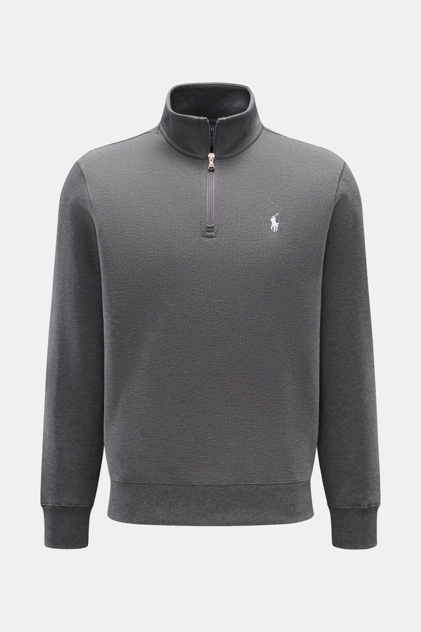 Polo Ralph Lauren Sweat-Troyer dunkelgrau meliert, frontale Ansicht, weicher Jersey aus Baumwolle und Microfaser, Regular Fit, Reißverschluss, Polo-Reiter-Stitching, Rippbündchen.