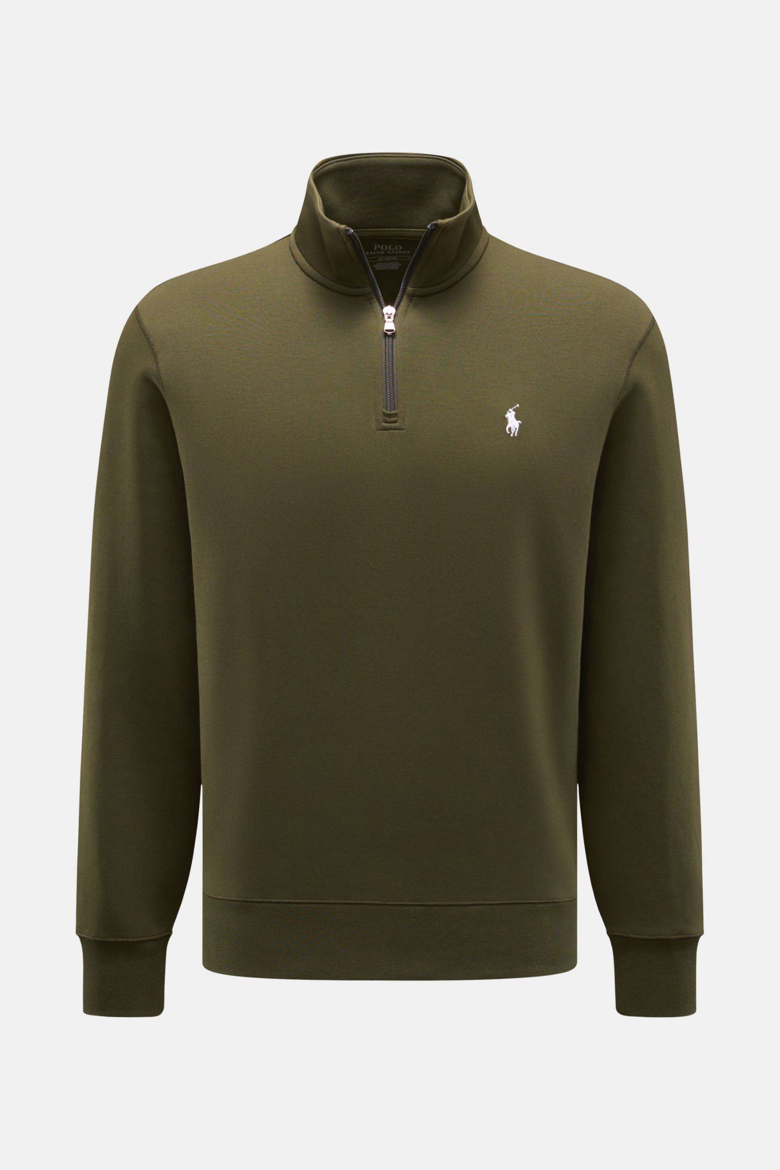 Front view of Polo Ralph Lauren Sweat-Troyer dark olive with half-zip Troyer collar, white Polo logo, soft cotton and microfiber jersey, regular fit, ribbed cuffs.

Für vollen Komfort sorgt angenehm weicher Jersey aus Baumwolle und hochwertiger Microfa