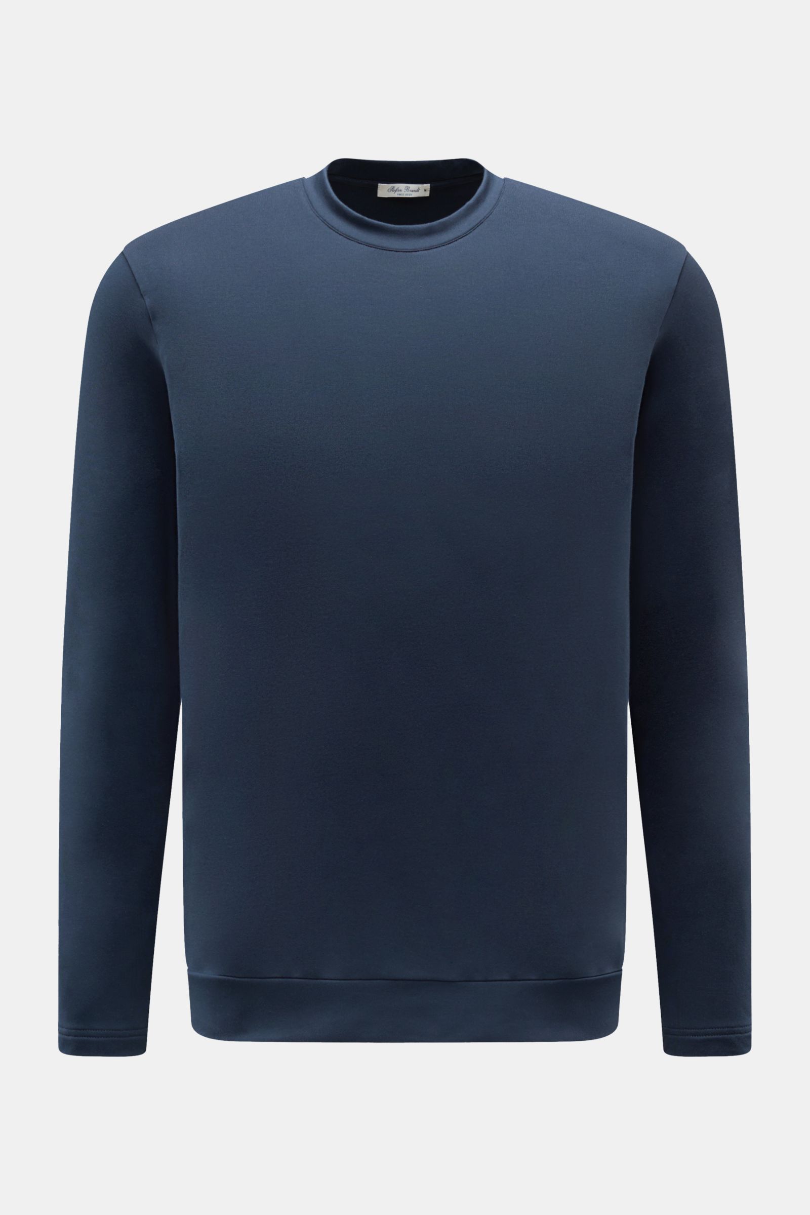 Stefan Brandt Rundhals-Longsleeve 'Eder' navy, frontale Ansicht, Jersey aus Pima-Baumwolle, komfortabler Stretch-Anteil, weicher Griff, Slim Fit, Rundhalsausschnitt, breites Saumbündchen.