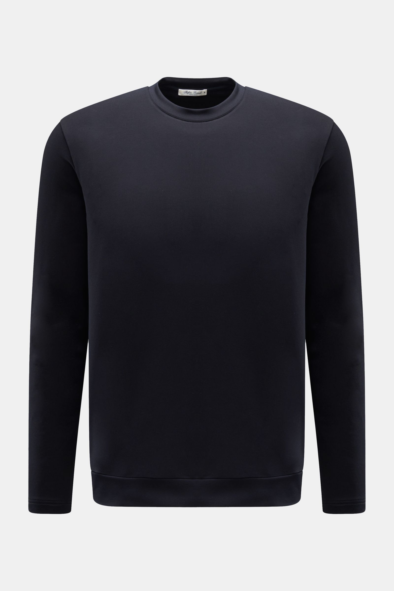 Stefan Brandt Rundhals-Longsleeve 'Eder' dark navy, frontale Ansicht, Jersey aus Pima-Baumwolle, komfortabler Stretch, weicher Griff, Slim Fit, Rundhalsausschnitt, breites Saumbündchen.