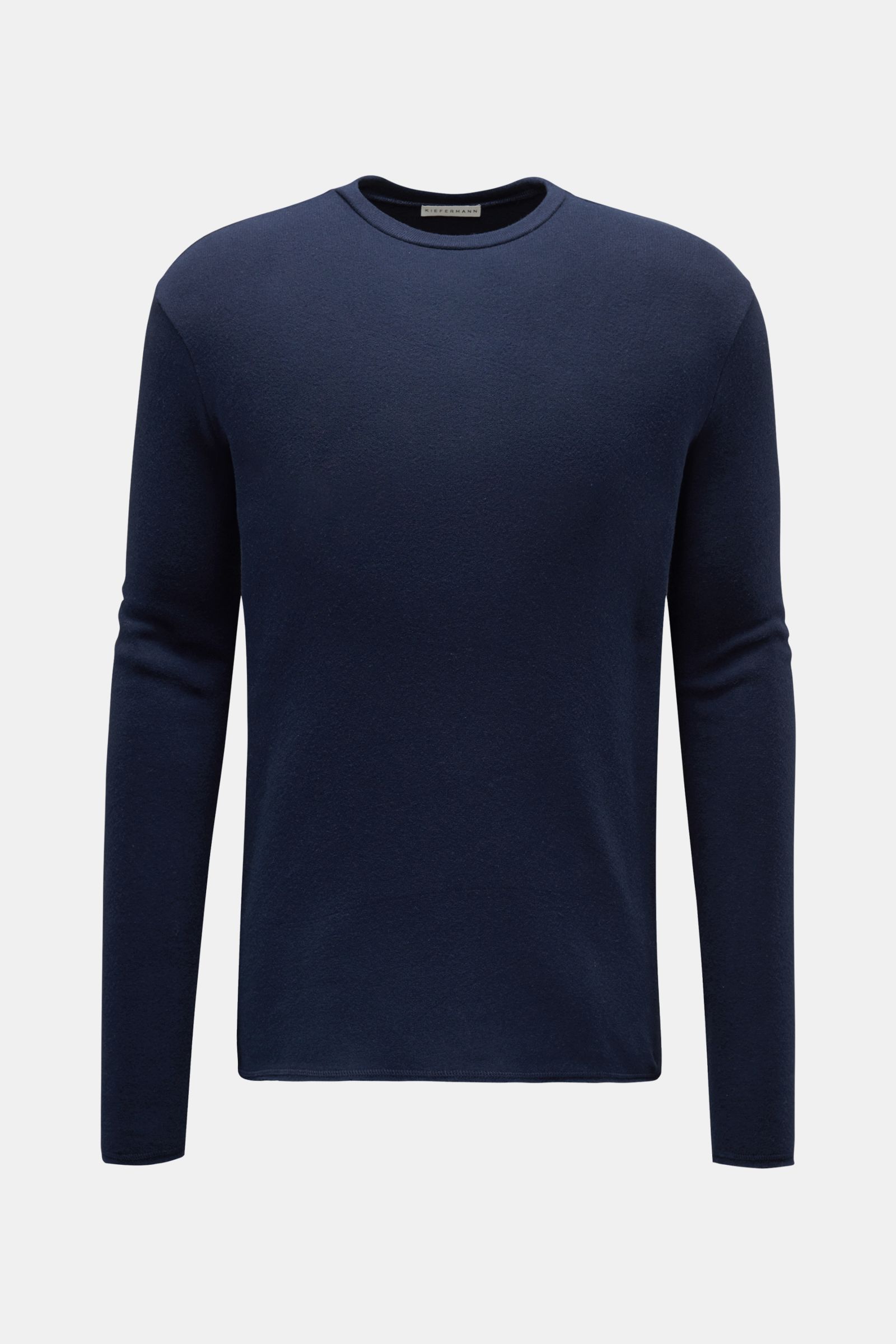 Front view of Kiefermann Rundhals-Sweatshirt 'Neal' navy, a slim-fit, lightweight hybrid long sleeve and fine knit pullover with round neckline and open hem edges.

Description: KIEFERMANN trifft den Nerv moderner Minimalisten: Das Rundhals-Sweatshirt 