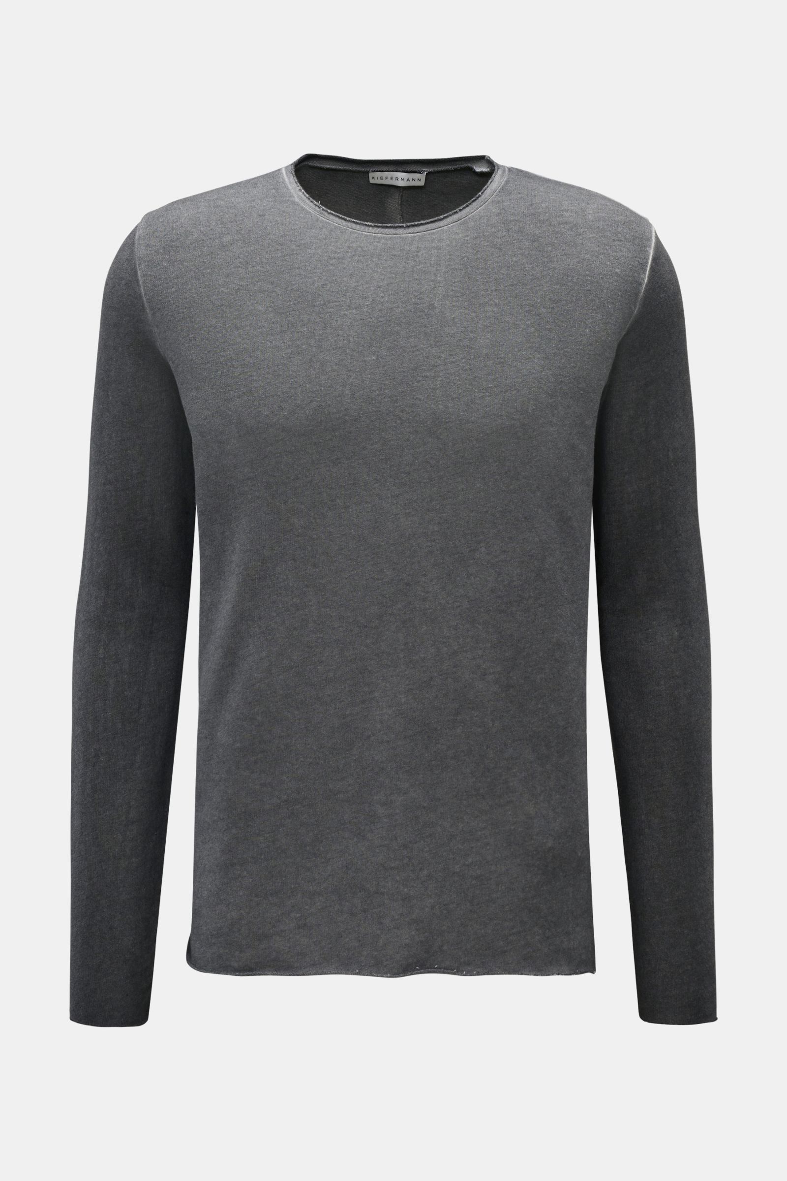 Kiefermann Rundhals-Sweatshirt 'Achko' dunkelgrau meliert, frontal fotografiert, Slim Fit, reine Baumwolle, offene Kanten, garment dyed, leichte Sweat-Qualität.