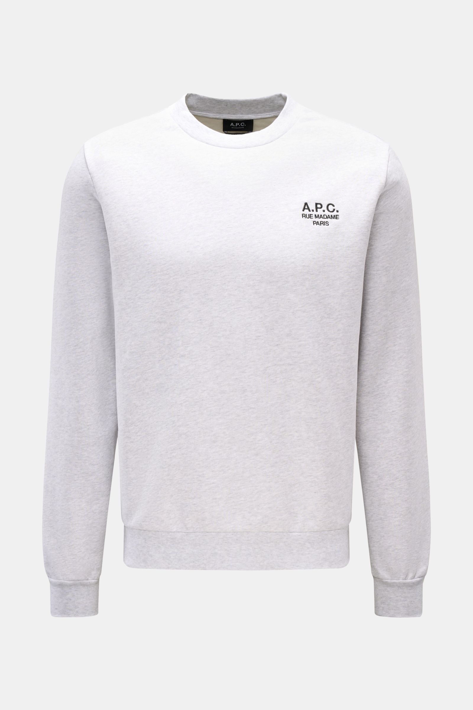 Front view of A.P.C. Rundhals-Sweatshirt 'Standard Rue Madame' grau meliert, a slim fit grey melange sweatshirt with a round neckline and contrasting logo stitching on the chest. 

Streetwear mit französischem Flair: Das minimalistische Sweatshirt 'Sta
