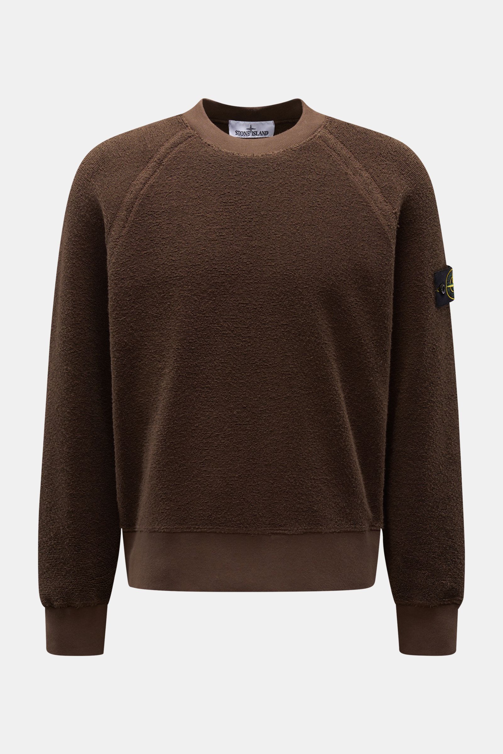 Stone Island Frottee-Rundhals-Sweatshirt dunkelbraun, frontale Ansicht, Oversized Fit, Raglanärmel, schwerer Baumwolle-Microfaser-Frottee, Kompass-Badge am Ärmel.
