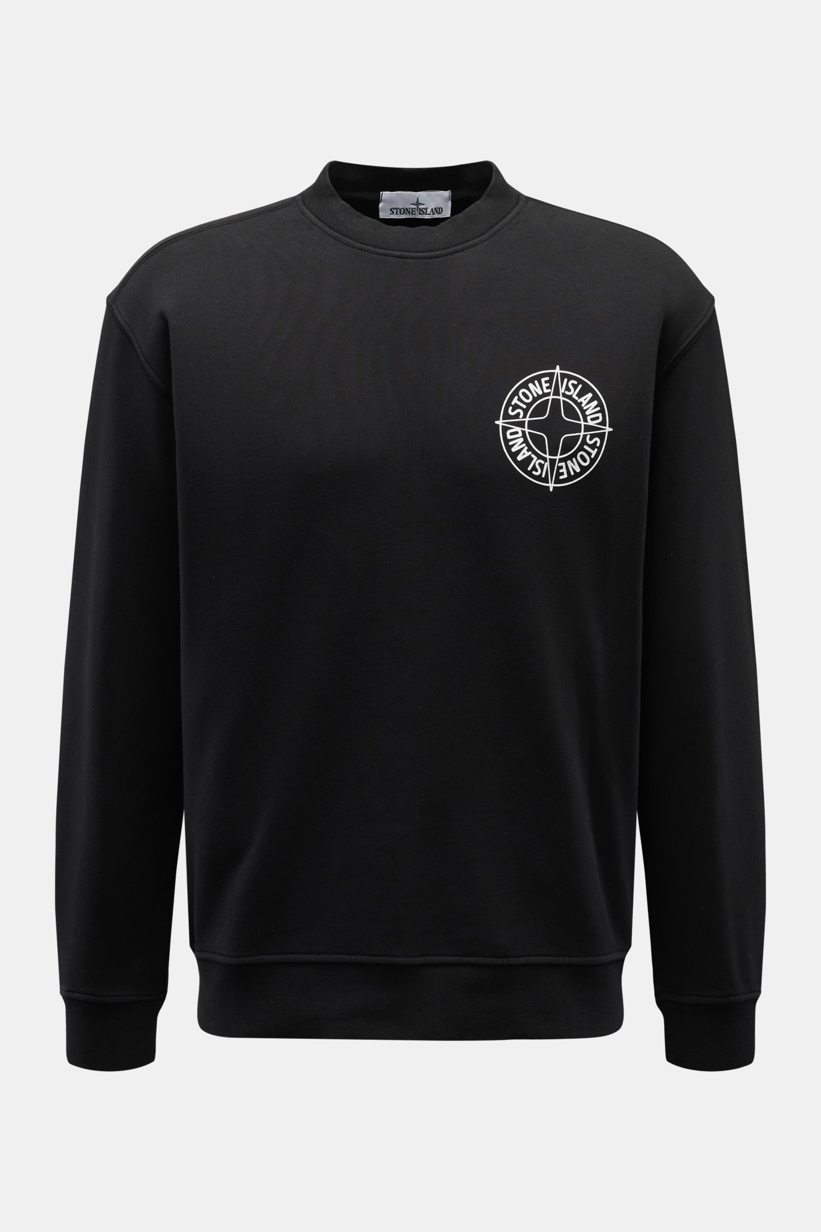 Stone Island Rundhals-Sweatshirt 'Print' schwarz, frontale Ansicht, reiner Baumwoll-Sweat, Regular Fit, weicher Griff, Logo-Print Brust/Rücken.