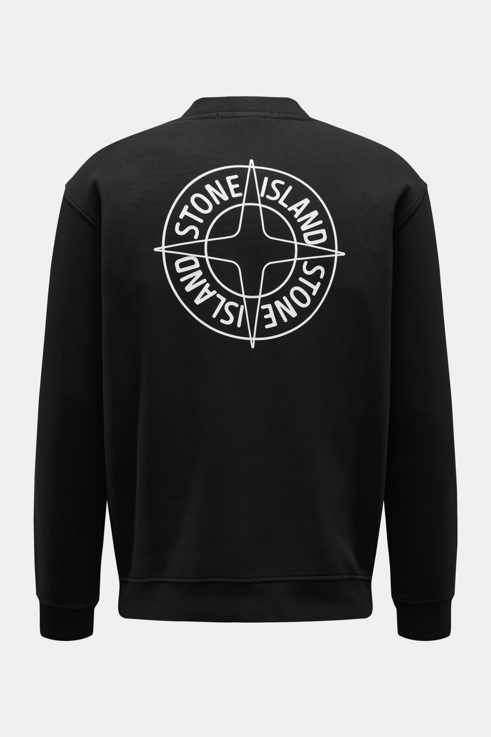 Stone Island Rundhals-Sweatshirt 'Print' schwarz, Rückansicht, aus reiner Baumwolle, Regular Fit, weicher Griff, Logo-Print auf Rücken.