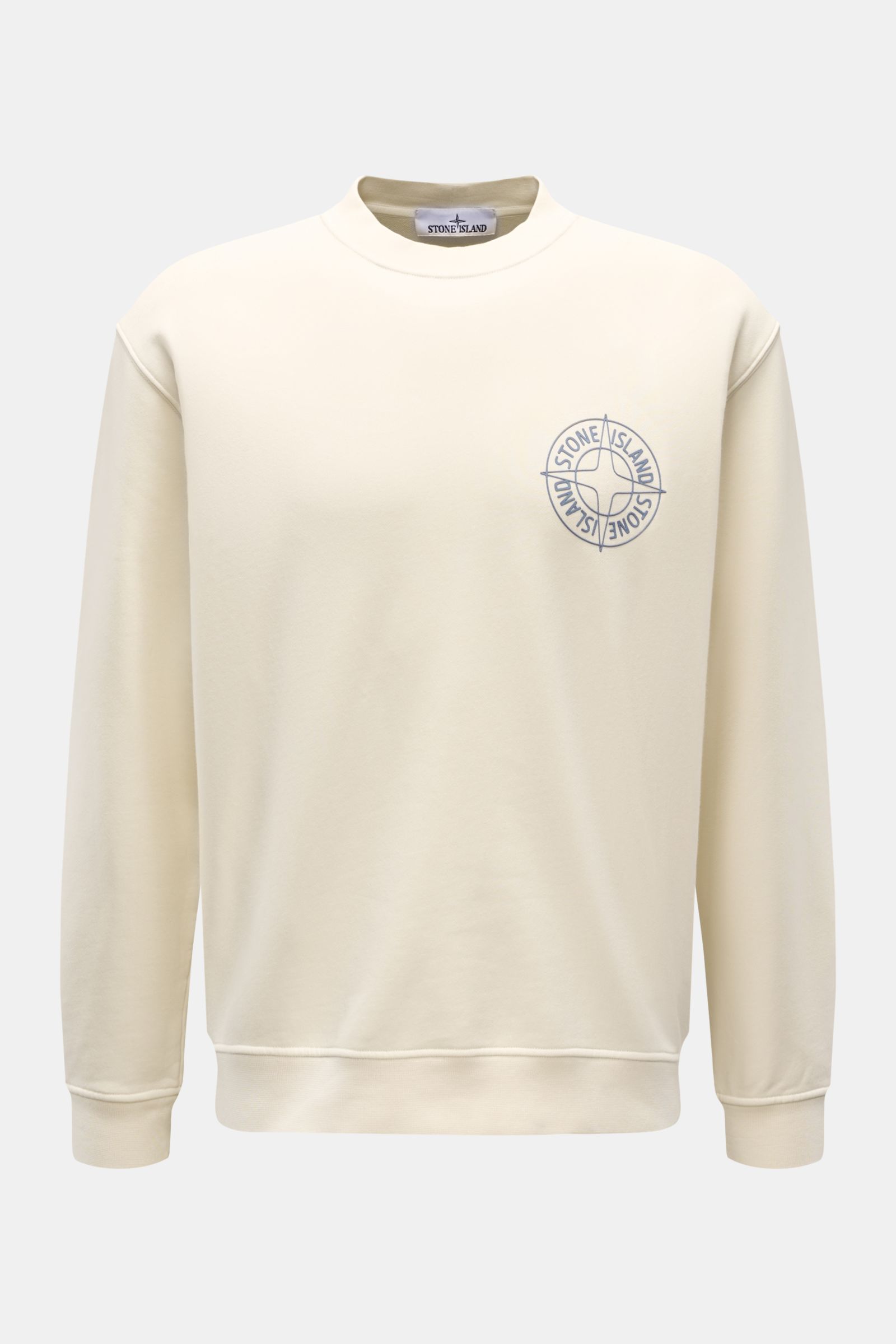 Stone Island Rundhals-Sweatshirt 'Print' creme, frontale Ansicht, Regular Fit, reiner Baumwolle, weicher Griff, mit Logo-Print auf Brust, Rippbündchen.
