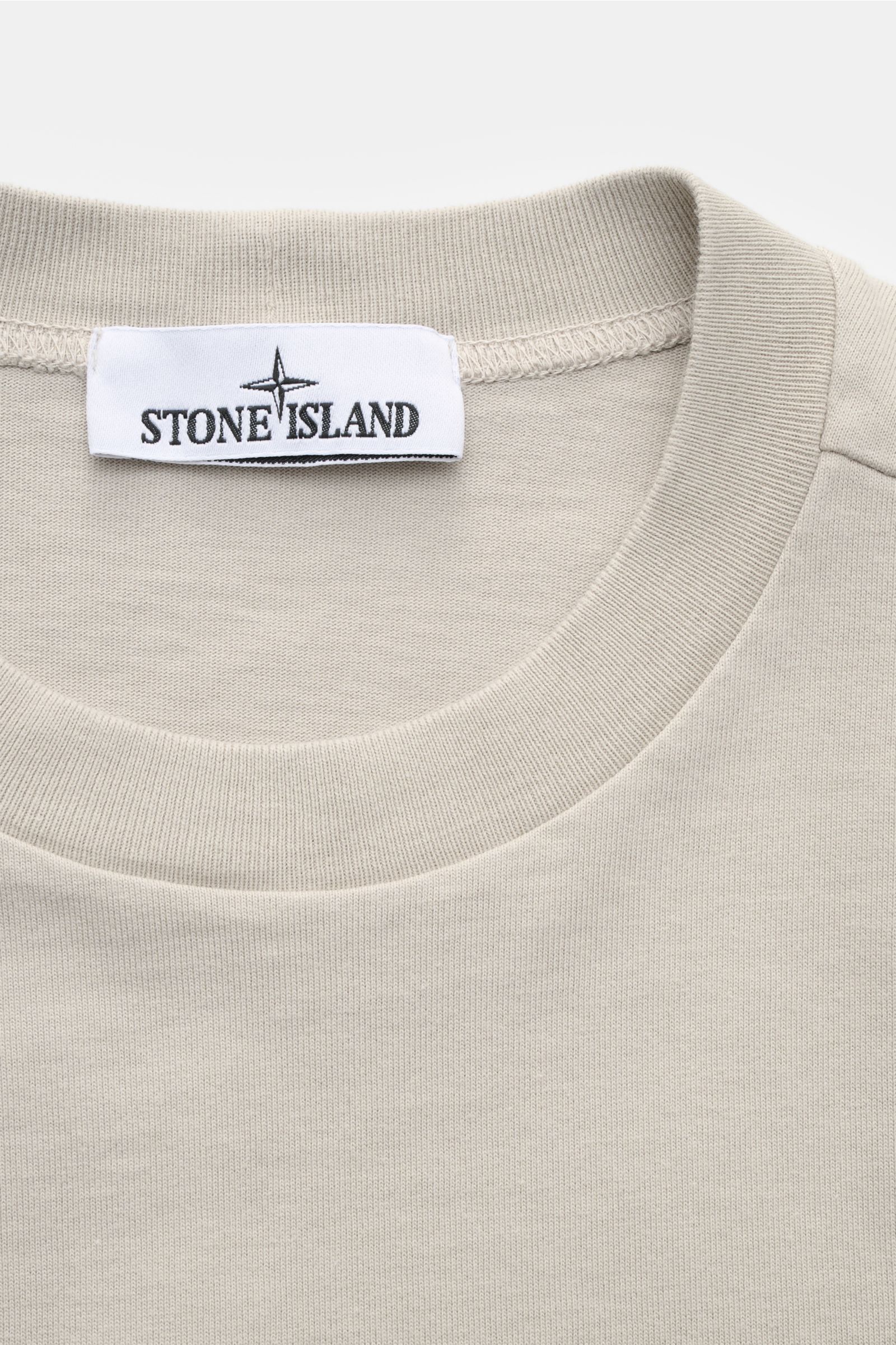 Stone Island Longsleeve hellgrau im Nahaufnahme von vorne, Rundhalsausschnitt, schwerer Baumwolljersey, weicher Griff, Kompass-Badge am Ärmel.