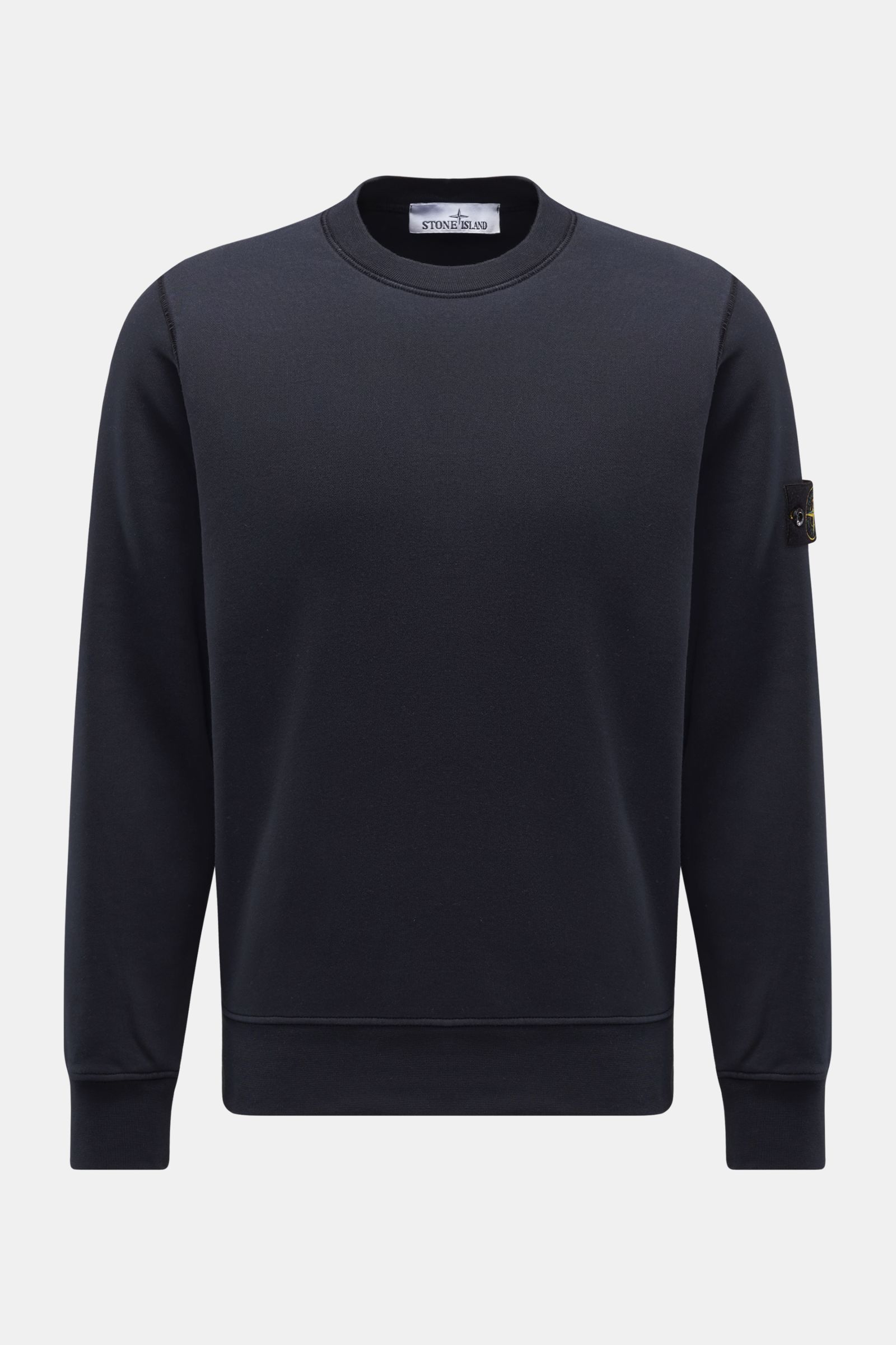 Stone Island Rundhals-Sweatshirt 'Basic Sweat' navy, frontale Ansicht, Regular Fit, reine Baumwolle, weicher Griff, Rippbündchen, Kompass-Badge am Oberarm.