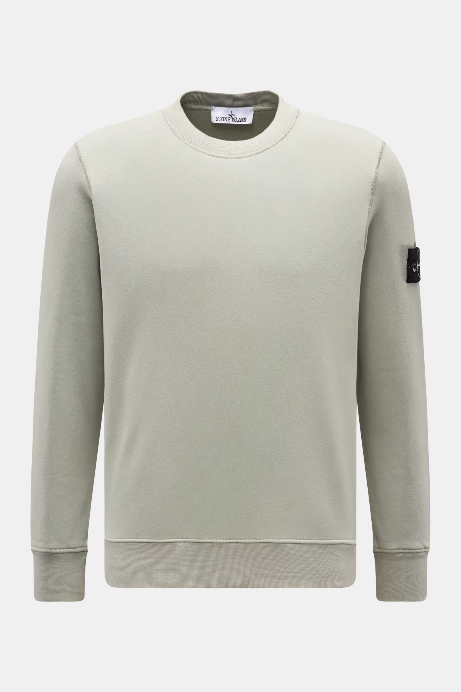 Stone Island Rundhals-Sweatshirt 'Basic Sweat' salbei, Vorderansicht, Baumwolle, weicher Griff, Regular Fit, Kompass-Badge am Oberarm, Rippbündchen.