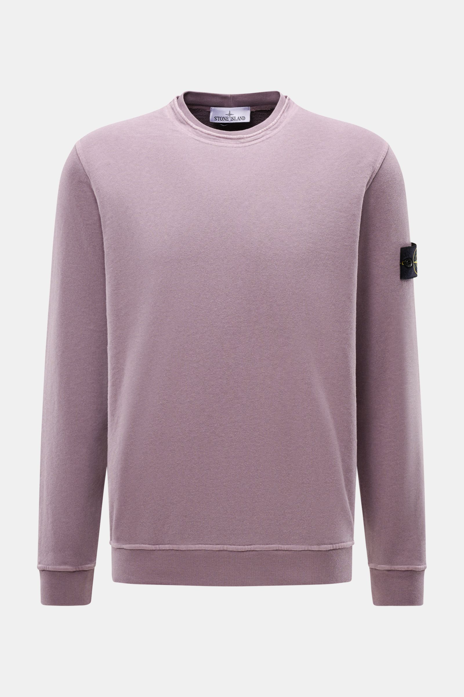 Stone Island Rundhals-Sweatshirt 'Washed Sweat' flieder, frontale Ansicht, Baumwolle, weicher Griff, Washed-Effekt, Nahtkante am Rundhals, Kompass-Badge am Oberarm, Rippbündchen, Regular Fit.