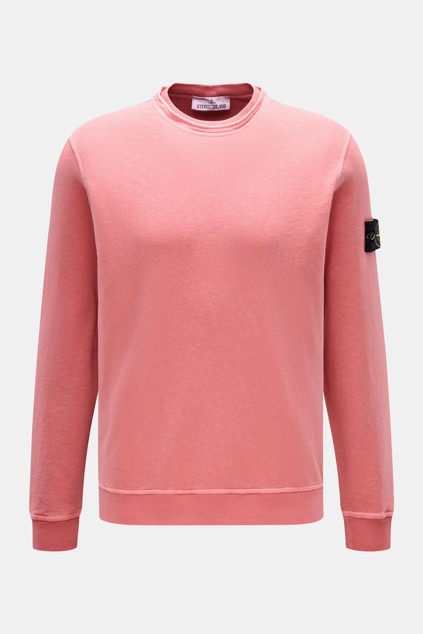 Stone Island Crew neck sweatshirt 'Washed Sweat' antique pink shown from front, pure cotton with soft feel, authentic washed effect, regular fit, crew neck with seam, compass badge on upper sleeve, and comfortable ribbed bands. STONE ISLAND’s signature pi