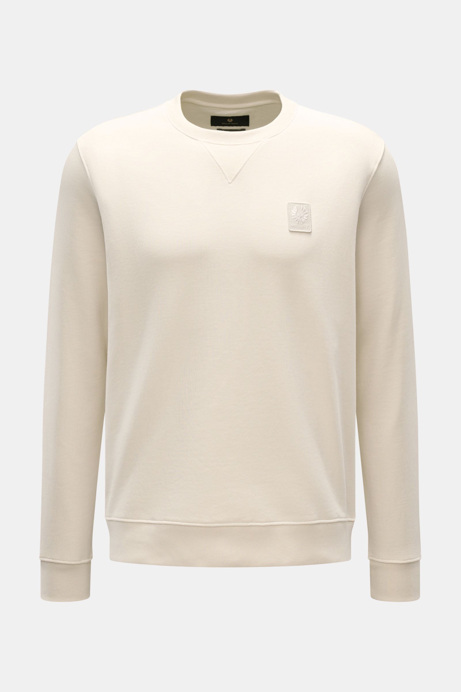 Belstaff Sweatshirt sand, frontale Nahaufnahme, Slim Fit Sweat aus Baumwolle mit V-Stitch, tonalem Weblabel und flexiblen Rippbündchen.