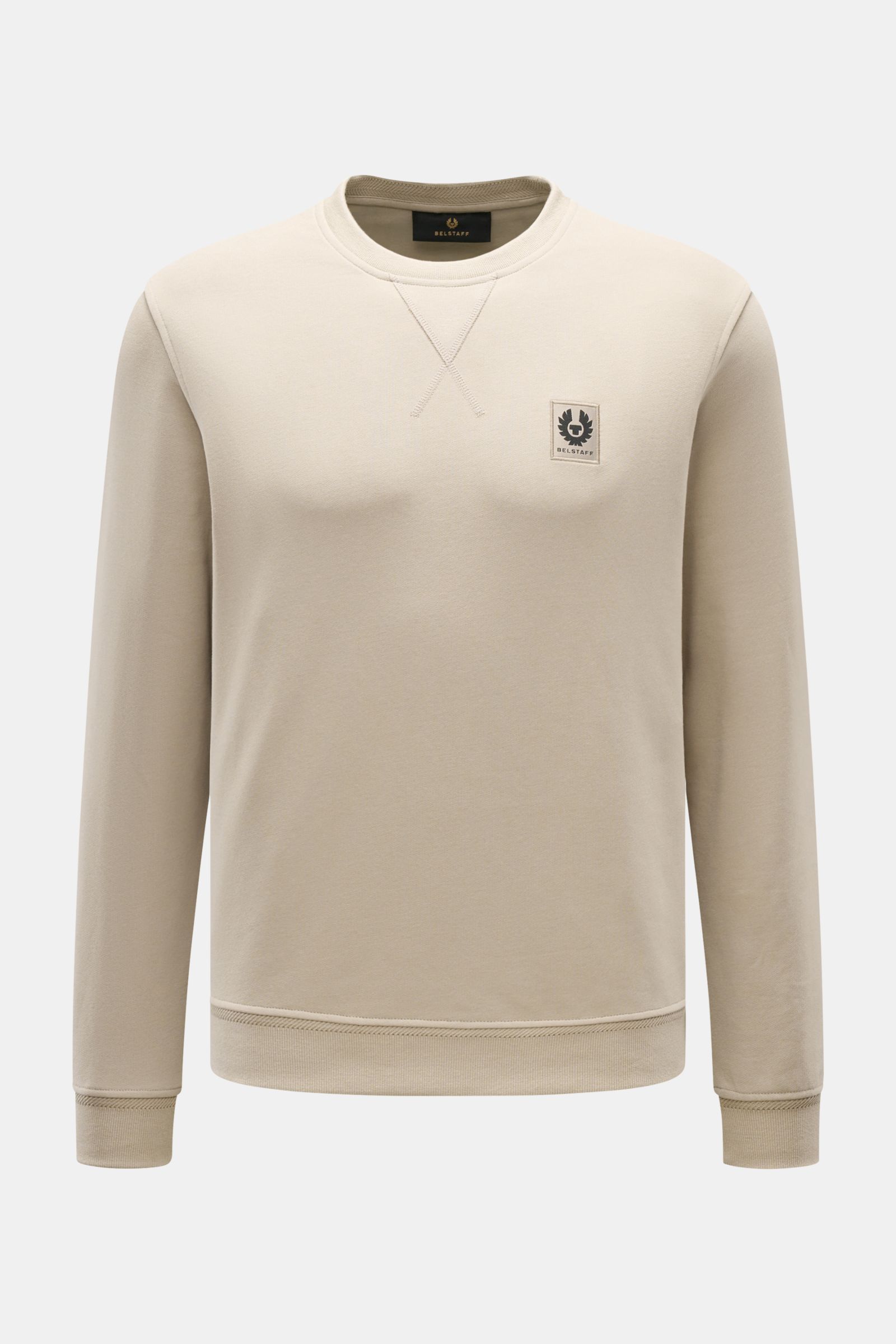 Front view of Belstaff Sweatshirt beige with crew neck, V-stitch detail, tonal woven label, slim fit, ribbed cuffs and hem.

This sweatshirt by BELSTAFF creates modern accents with artistic decorative stitching, the characteristic V-stitch and a tonal 