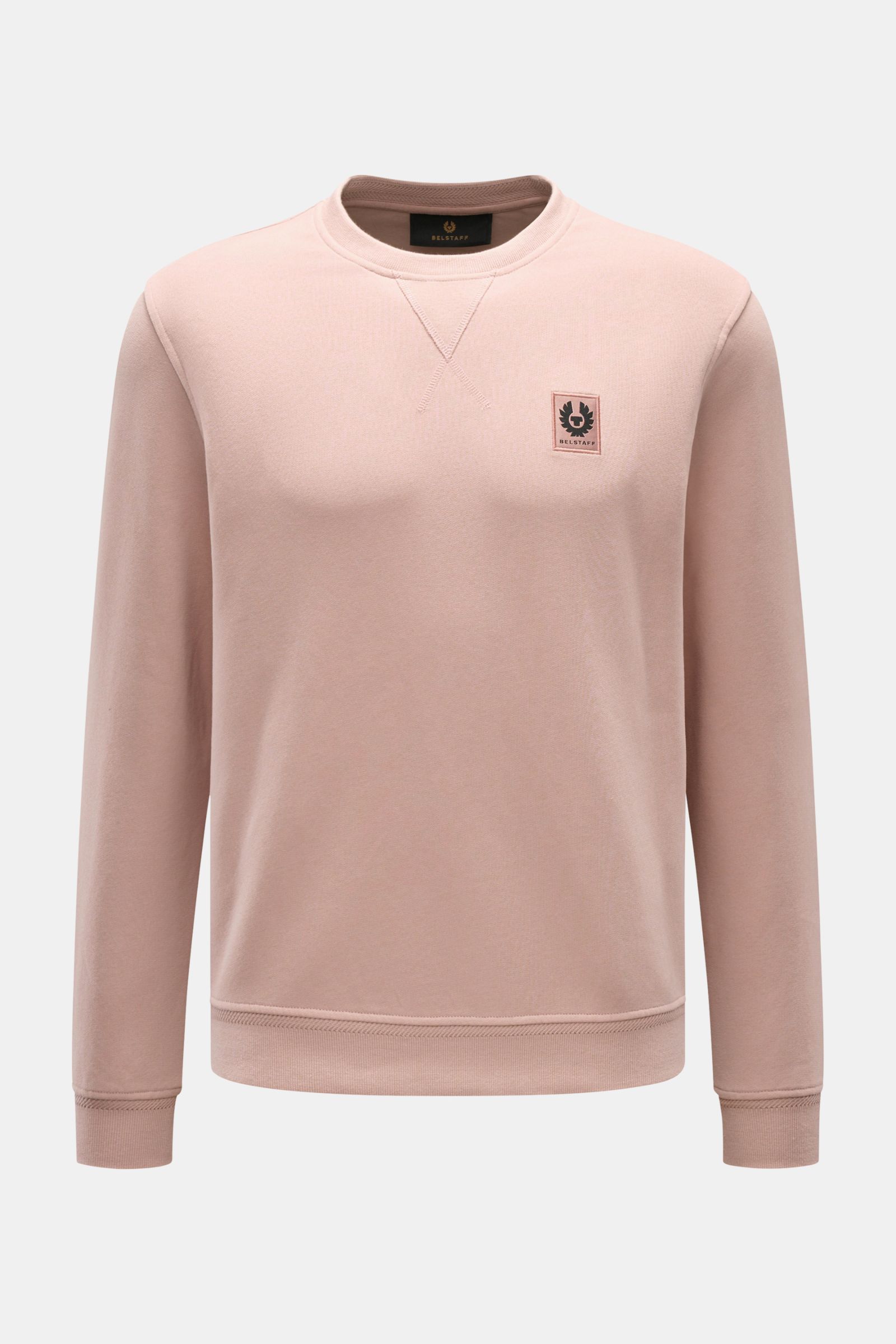 Front view of Belstaff Sweatshirt antique pink in slim fit, featuring crew neck with V stitch, tonal woven label, and ribbed bands.

This sweatshirt by BELSTAFF creates modern accents with artistic decorative stitching, the characteristic V-stitch and 