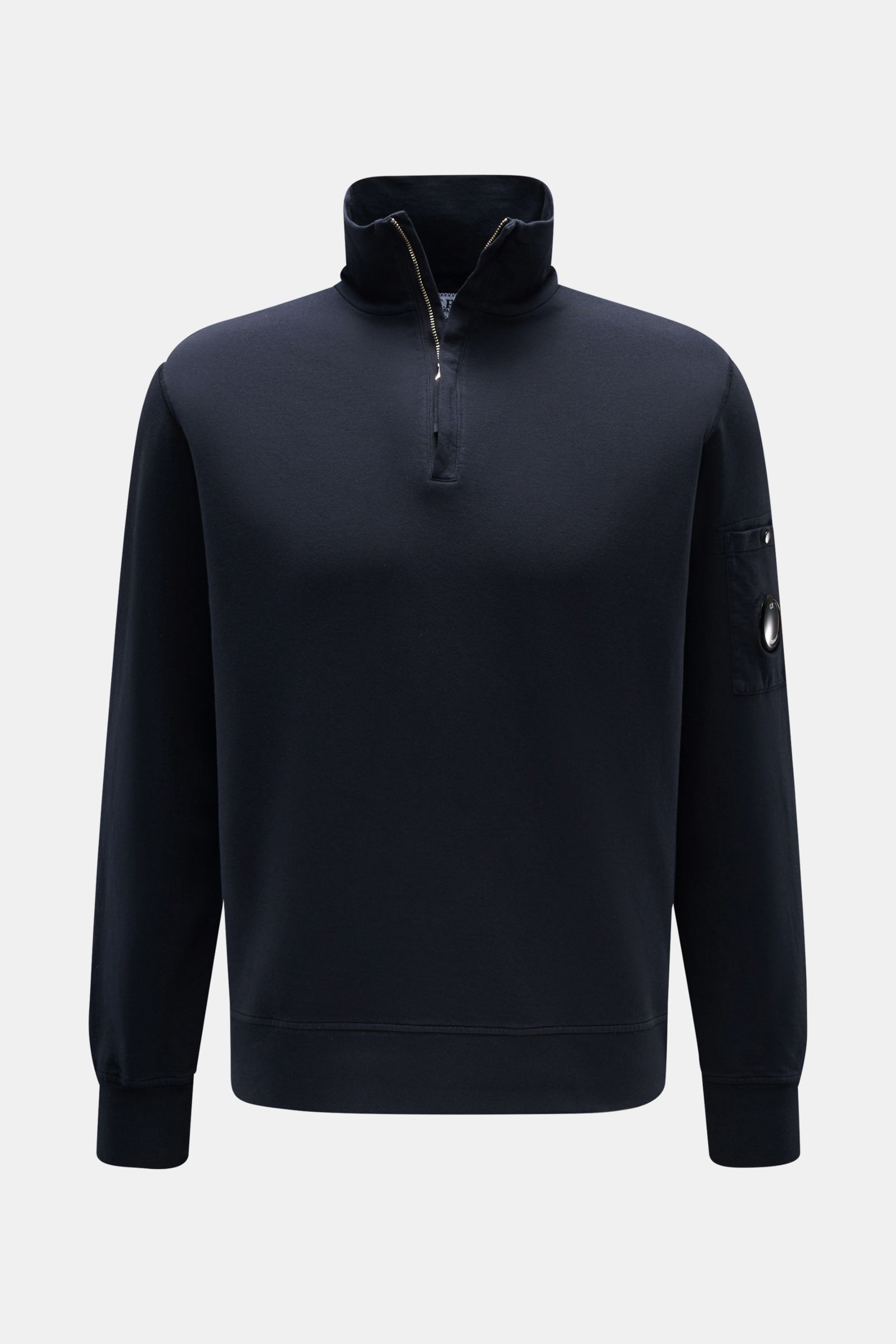 Front view of C.P. Company Sweat-Troyer navy in lightweight pure cotton with a zip-up collar and lens detail on the upper arm pocket.