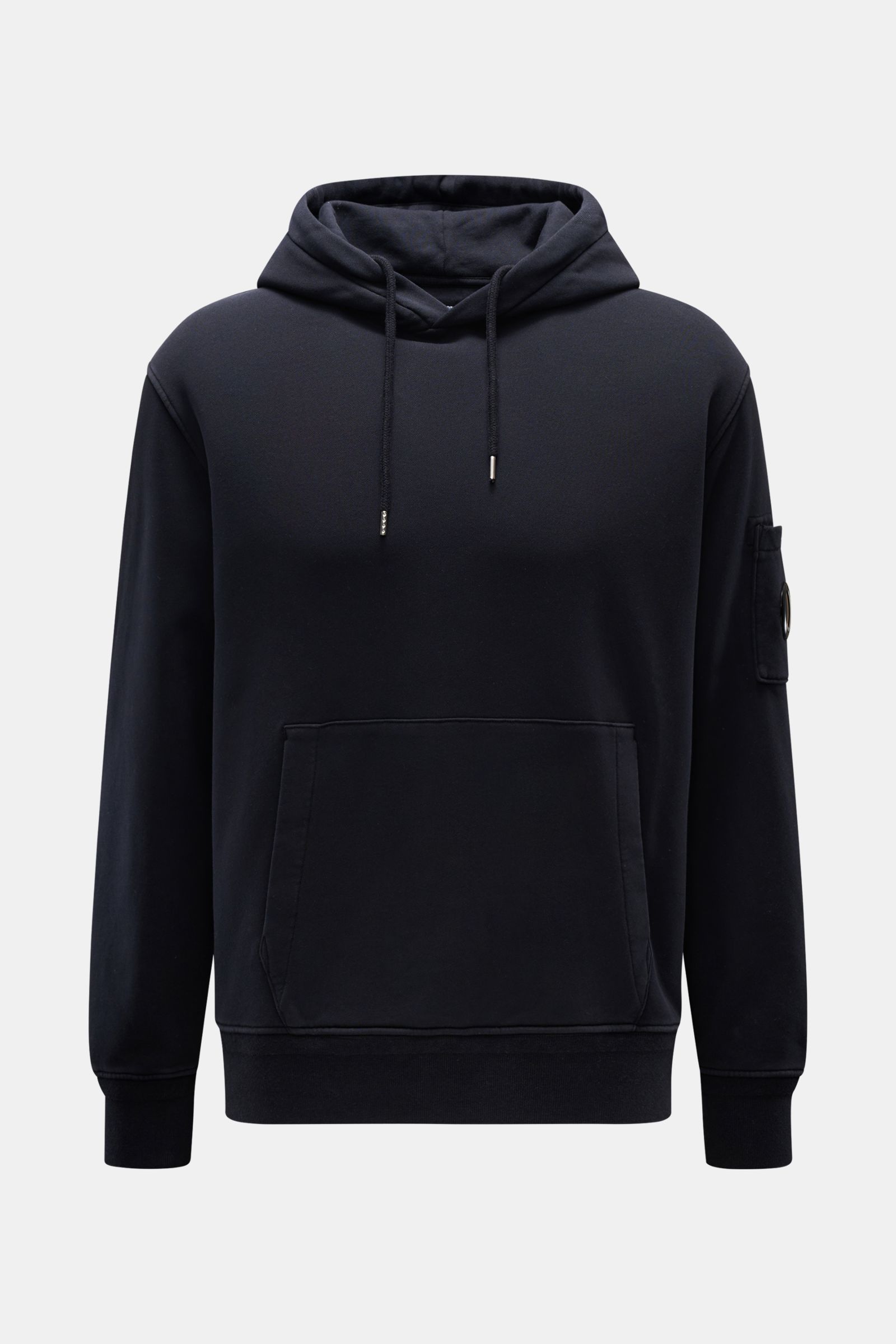 Front view of C.P. Company Hooded jumper navy in lightweight pure cotton with kangaroo pocket, hood, sleeve pocket with lens detail, and ribbed cuffs.