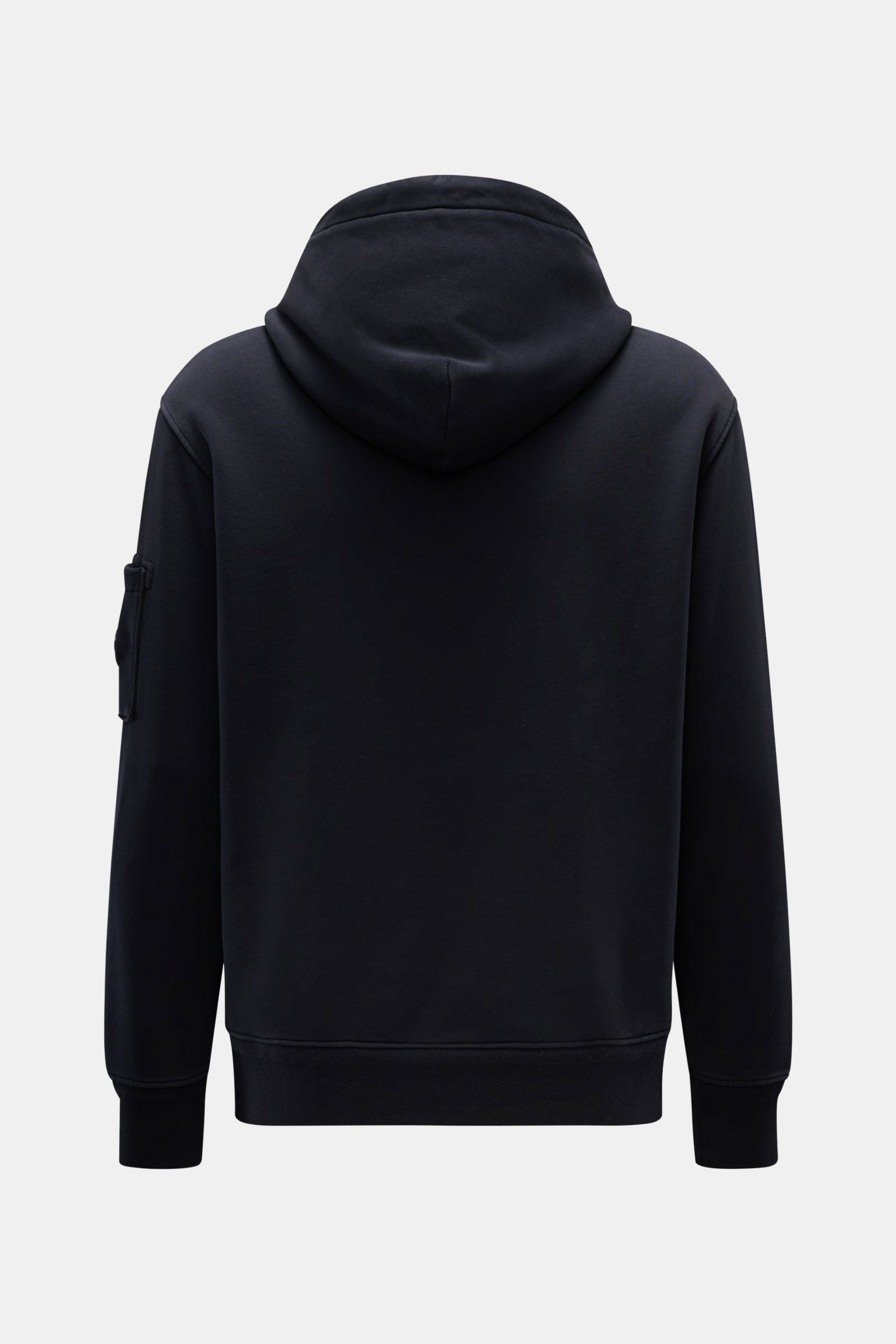 Back view of C.P. Company Hooded jumper navy in pure cotton, lightweight fabric, oversized fit, with hood, ribbed cuffs, and upper sleeve pocket featuring signature lens detail. 