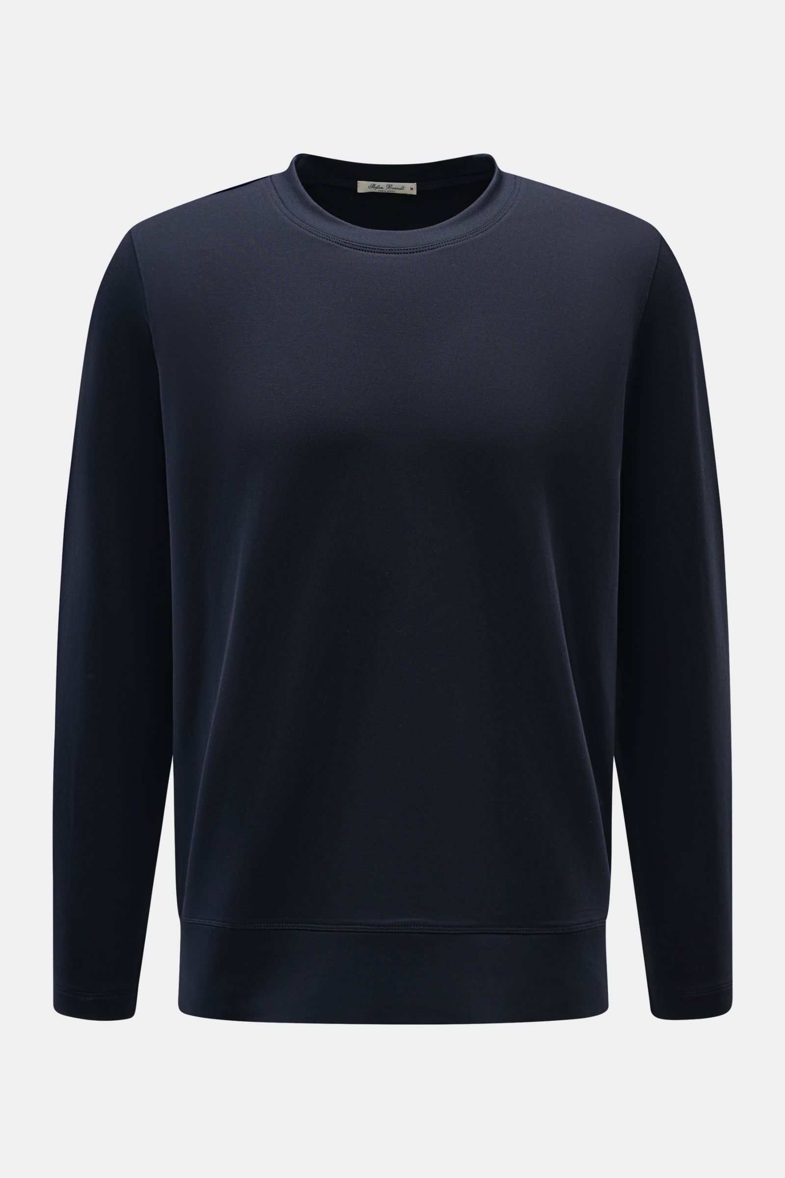Front view of Stefan Brandt Sweatshirt 'Edwin' navy, a simple, navy blue crewneck sweatshirt made of pure Pima cotton with a soft, smooth feel, regular fit, and comfortable cuffs, showcasing luxury comfort and quality. Luxus, den man spürt: Selbst ein 