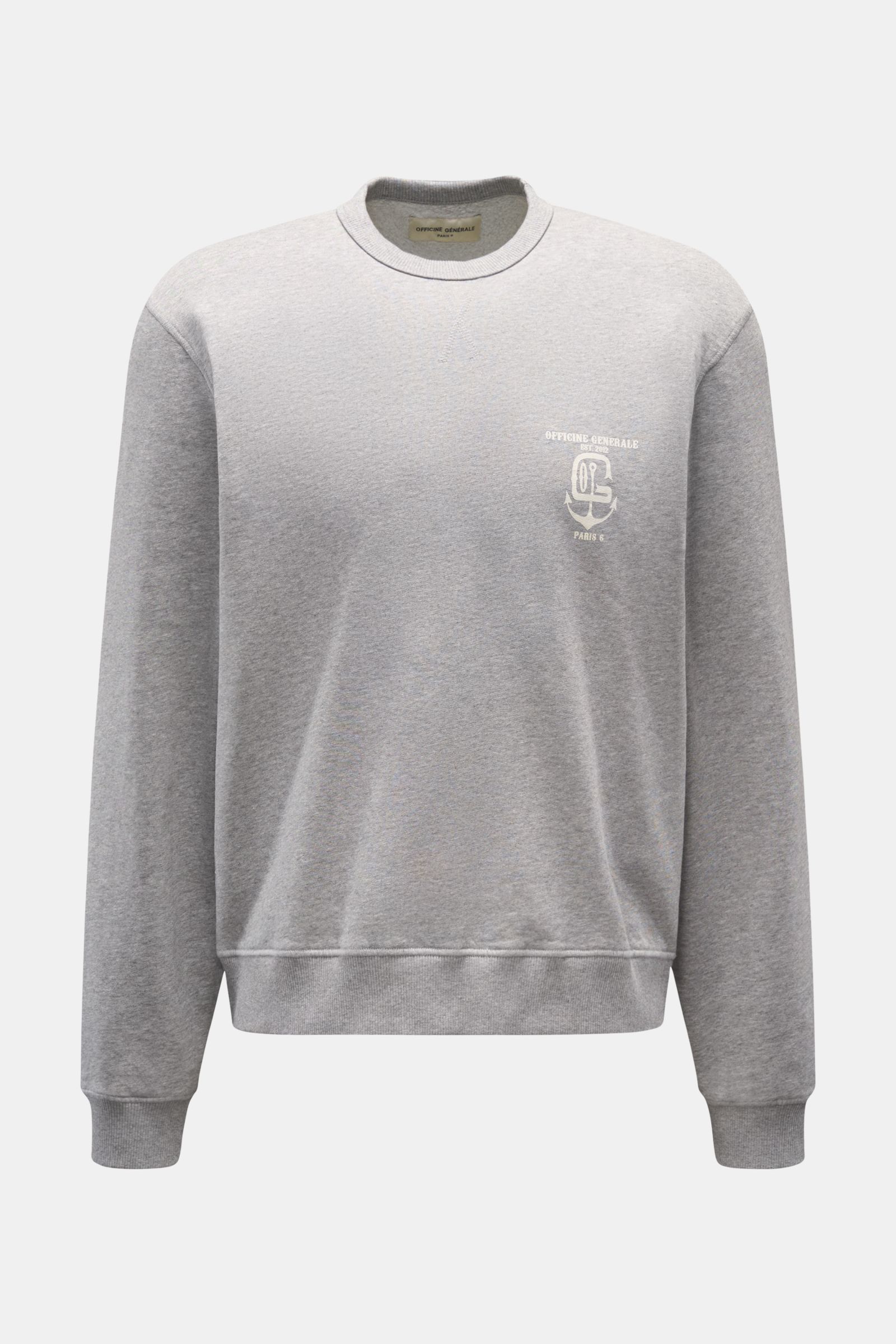 Officine Générale Sweatshirt 'Darius' grey mottled shown from the front, pure cotton with soft interior, crew neck, regular fit, ribbed bands. A luxurious basic: The sweatshirt 'Darius' in pure cotton with brushed, soft inside by OFFICINE GÉNÉRALE offers 