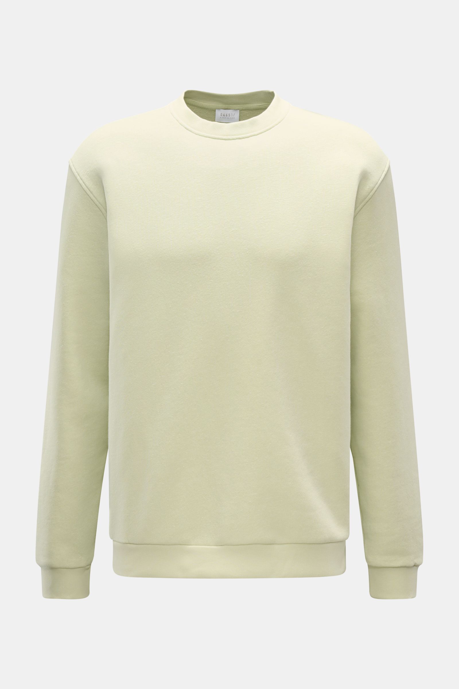 04651/ A trip in a bag Rundhals-Sweatshirt 'CL Crew' pastellgrün, frontale Ansicht, Baumwoll-Leinen-Mix, Regular Fit, weicher Griff, Rundhalsausschnitt, elastische Rippbündchen.