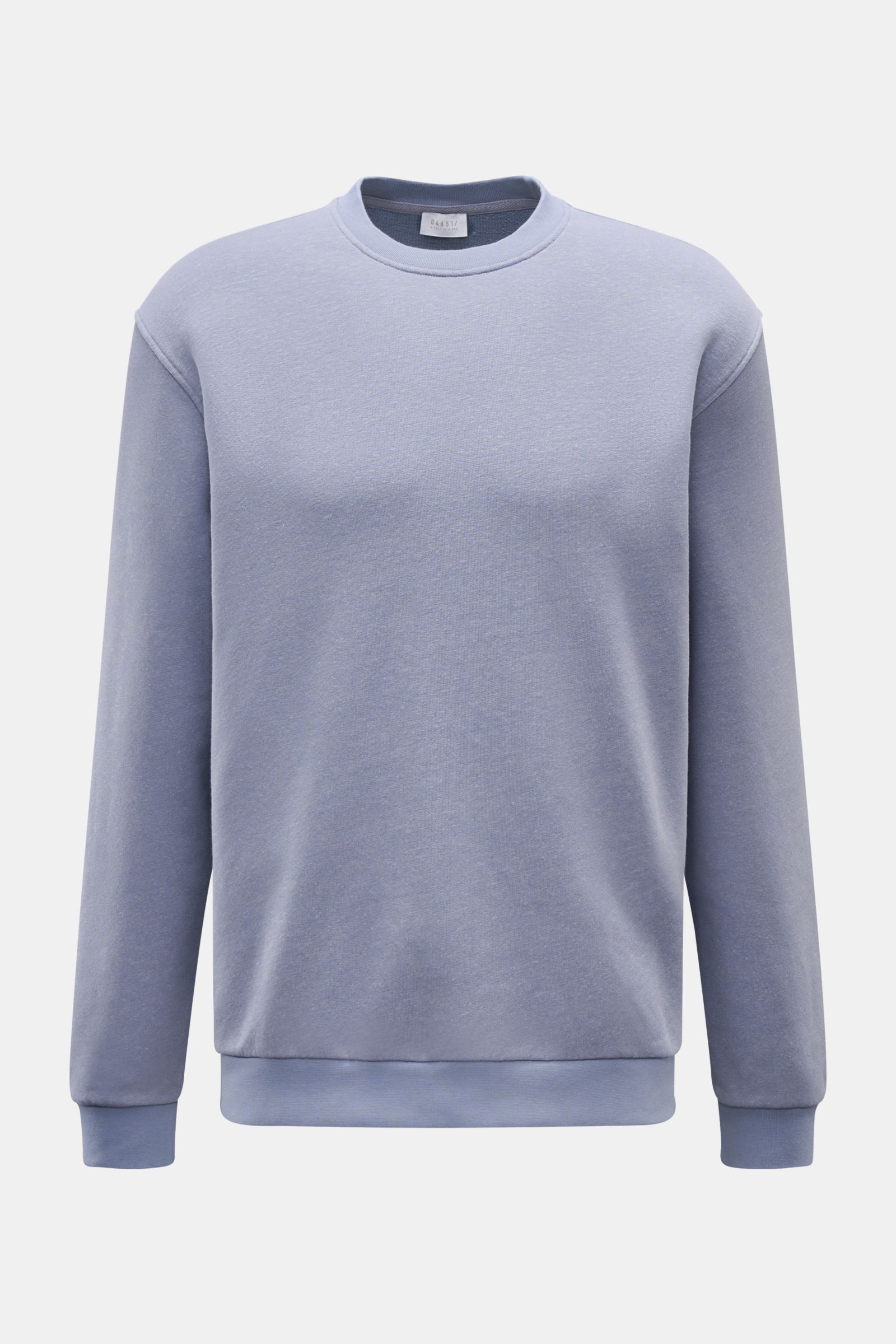 Frontale Nahaufnahme des 04651/ A trip in a bag Rundhals-Sweatshirt 'CL Crew' lavender meliert, Regular Fit, Baumwoll-Leinen-Mix, weicher Griff, elastische Rippbündchen.