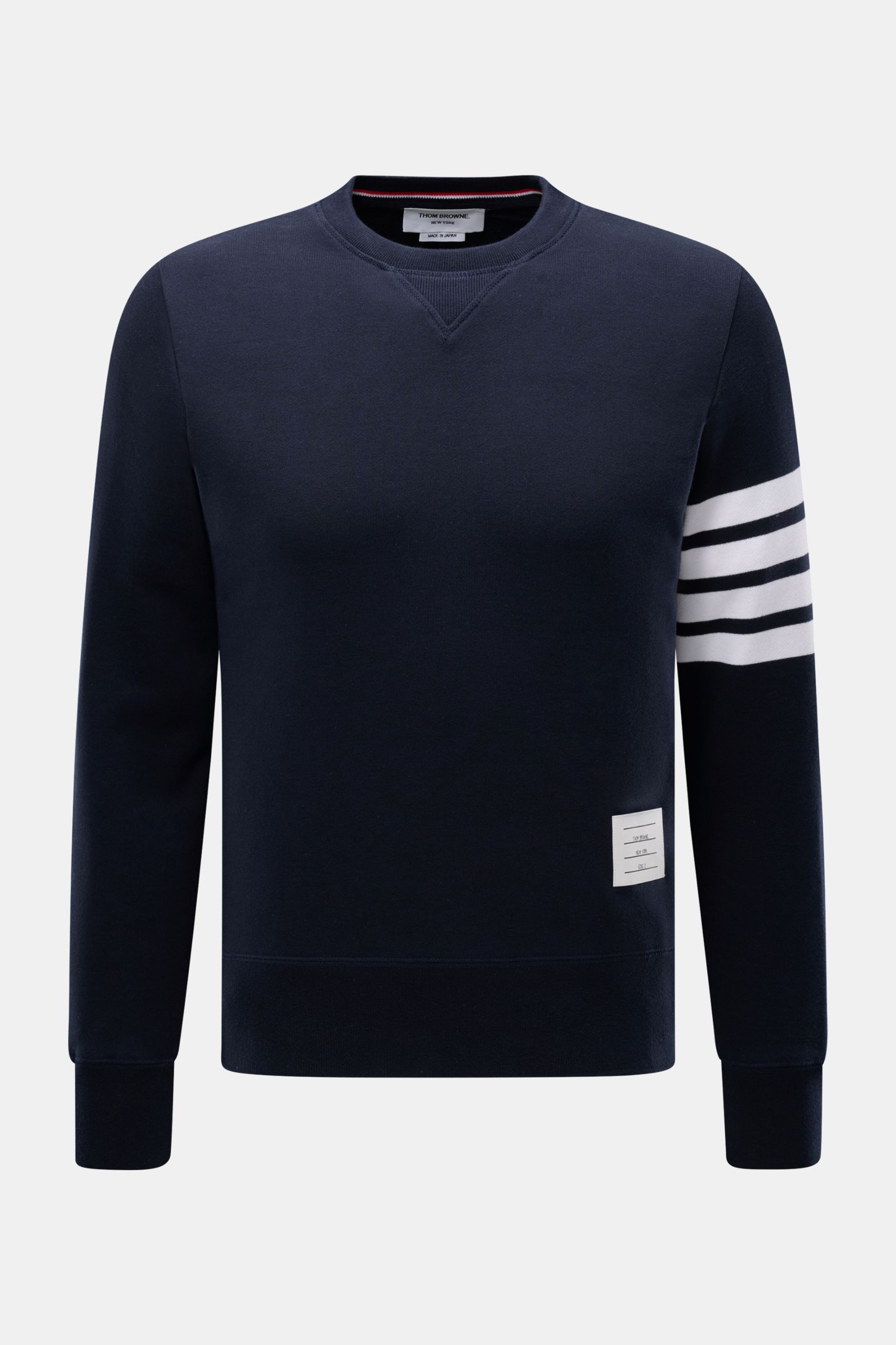 Thom Browne Rundhals-Sweatshirt navy, frontale Nahaufnahme, reines Baumwoll-Sweatshirt mit Rundhalsausschnitt, weiß-schwarze Ärmelstreifen, Grosgrain-Schlaufe, Rippbündchen, geknöpfte Saumschlitze.