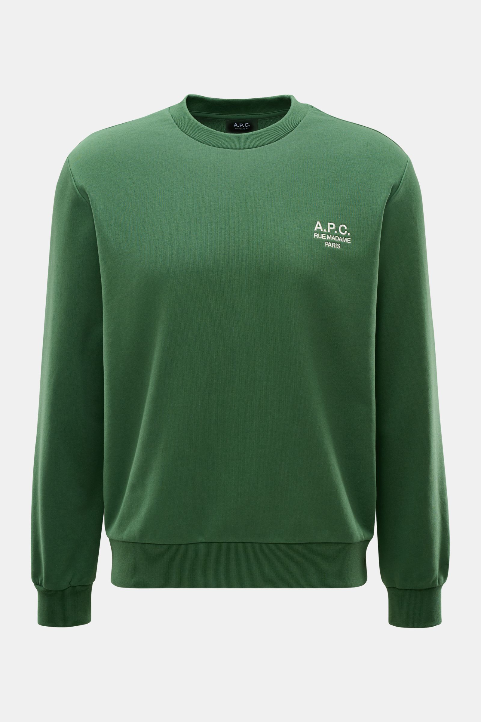 A.P.C. Rundhals-Sweatshirt 'Standard Rue Madame' dunkelgrün, frontale Nahaufnahme, Baumwoll-Sweat, Regular Fit, Logo-Stitching, Rippbündchen, weicher Griff.
