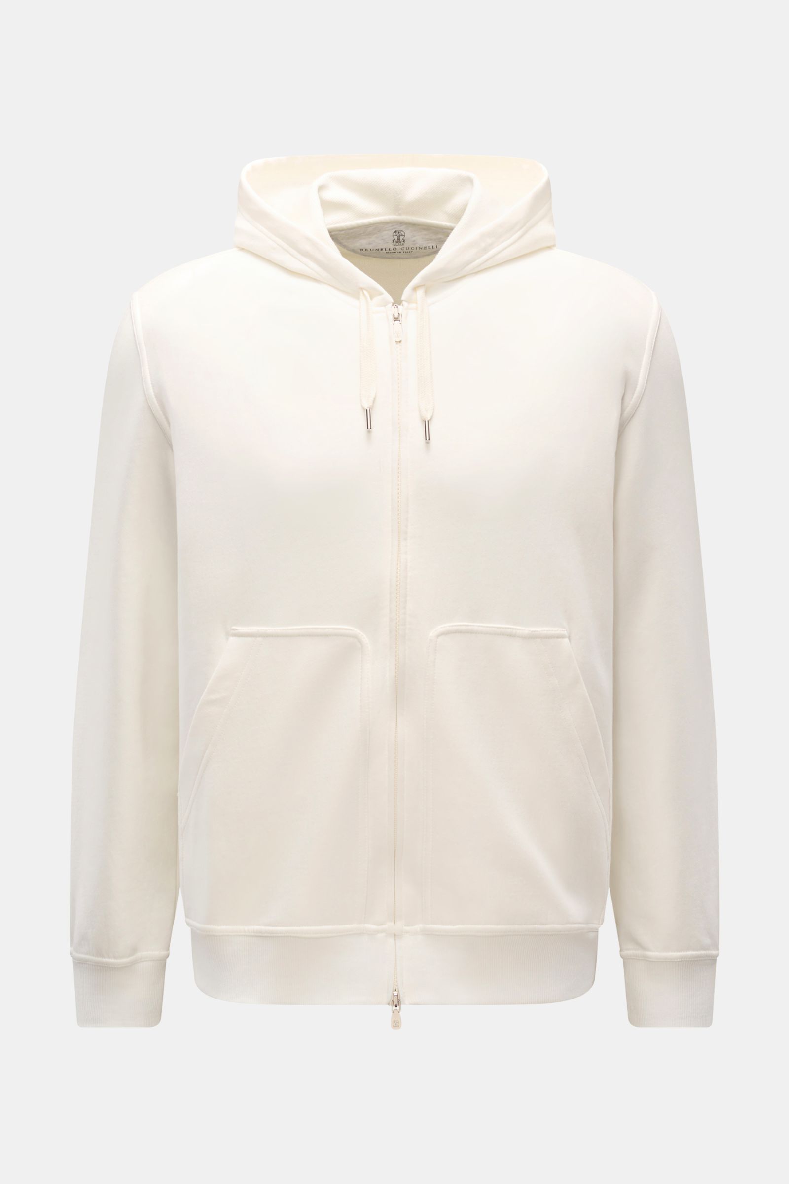Front view of a light beige Brunello Cucinelli Sweatjacke hellgrau hoodie made from soft cotton jersey with stretch, featuring a regular fit, hidden two-way zipper, hood with drawstring, split kangaroo pocket, and ribbed cuffs. Diese leichte Sweatjacke