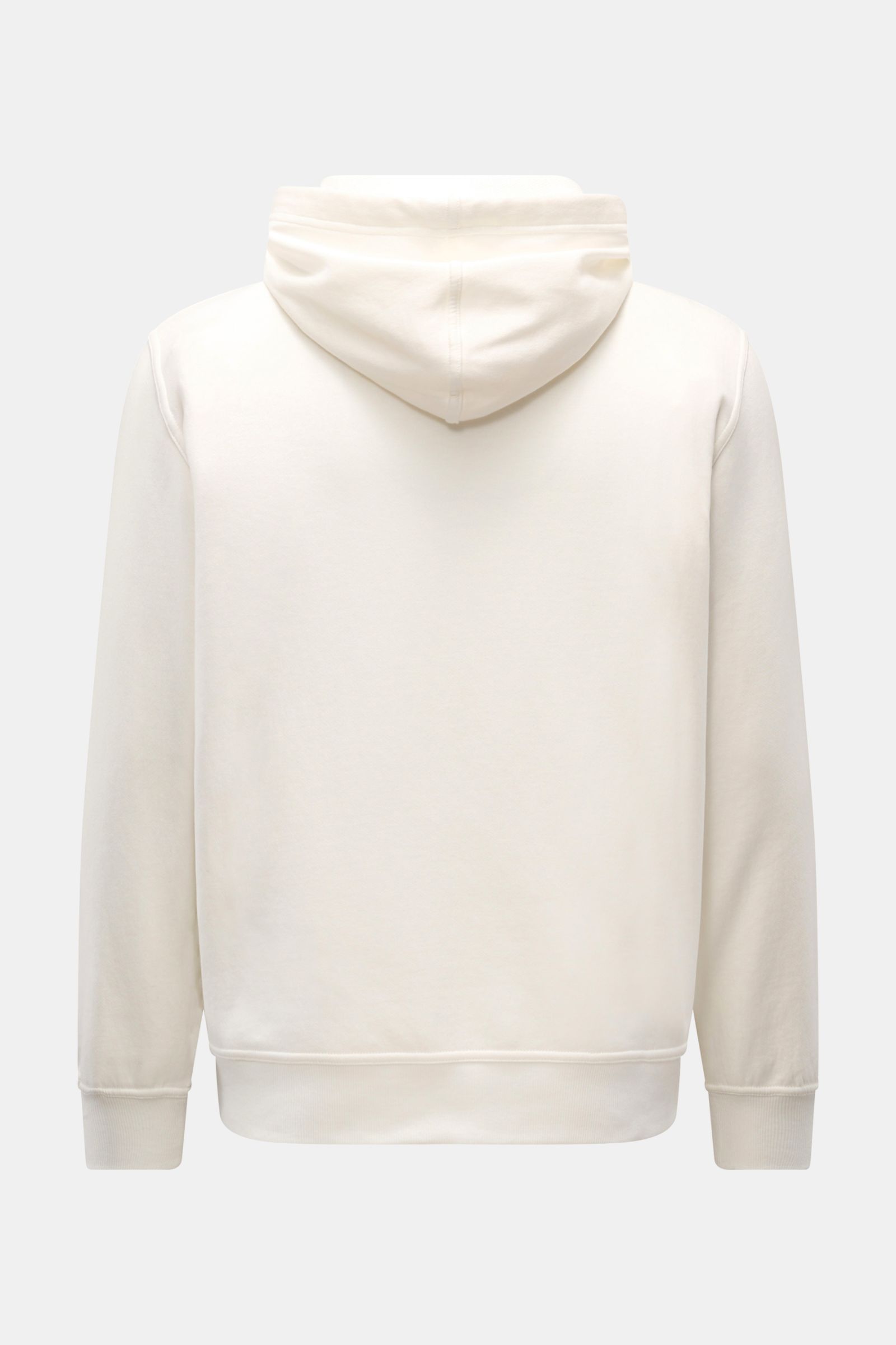 Back view of Brunello Cucinelli Sweatjacke hellgrau, a lightweight cotton jersey hoodie with stretch, soft touch, regular fit, concealed two-way zipper, hood with drawstring, kangaroo pocket, and ribbed cuffs. Diese leichte Sweatjacke von BRUNELLO CUCI