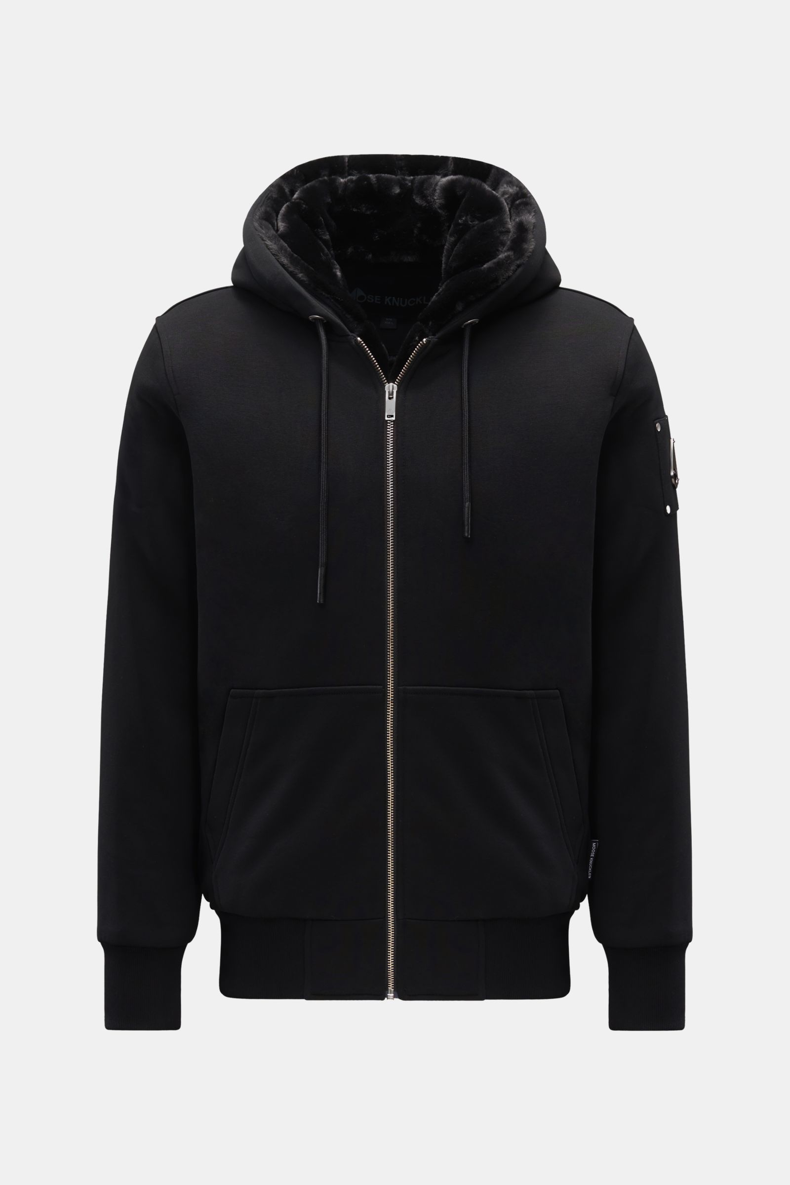Front view of the Moose Knuckles Sweatjacke 'Classic Bunny' schwarz, a slim fit black hoodie with soft cotton and microfiber jersey, light padding, a hood with detachable faux-fur lining, robust zipper, split kangaroo pocket, metal logo on the upper arm, 