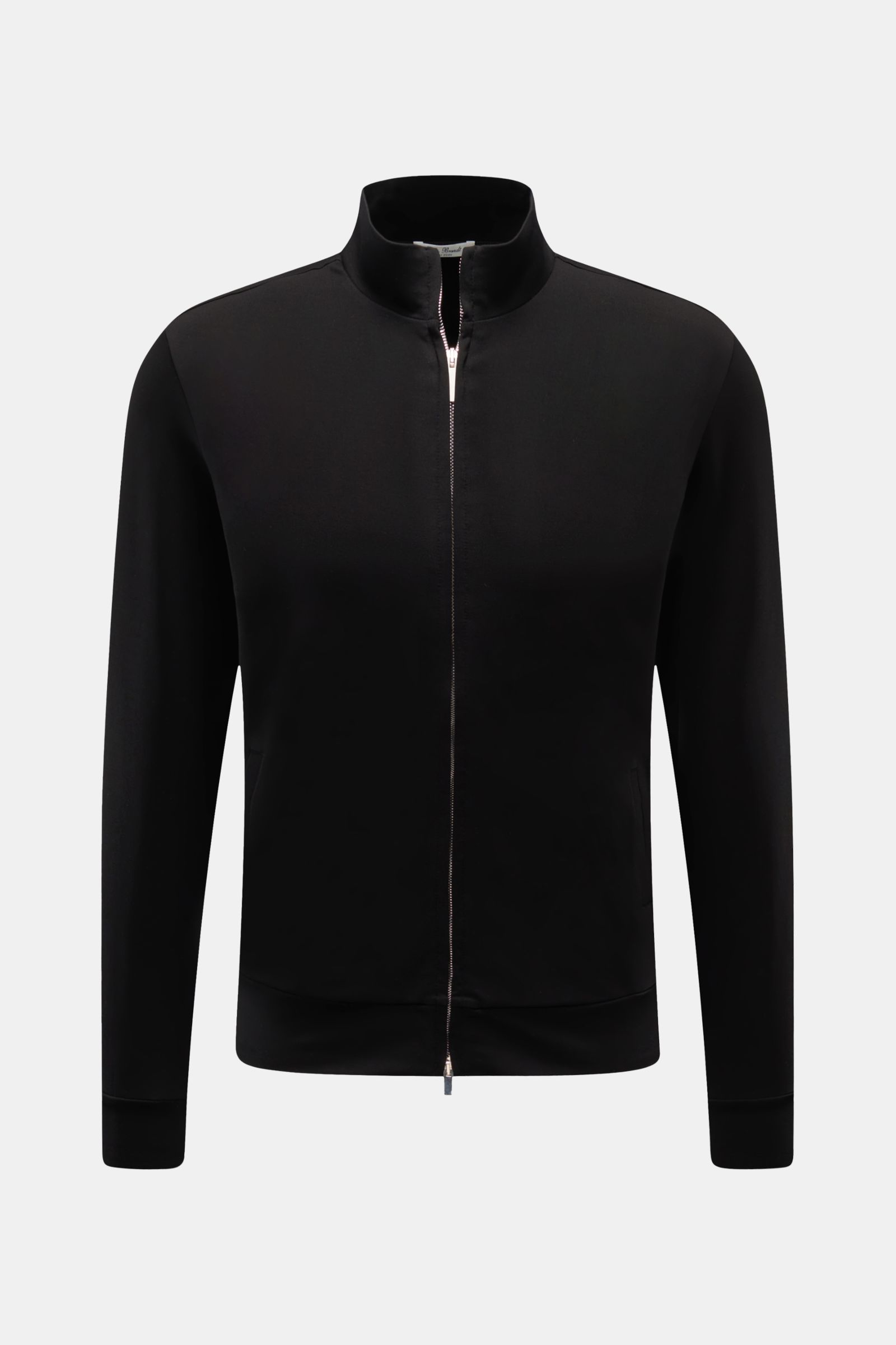 Schwarze Stefan Brandt Sweatjacke 'Joseph' schwarz, Frontansicht, Sweat aus reiner Pima-Baumwolle, Stretch, Slim Fit, Stehkragen, silberfarbener Zwei-Wege-Reißverschluss, schräge Taschen, breite Bündchen, leichte Qualität, geschmeidiger Griff.