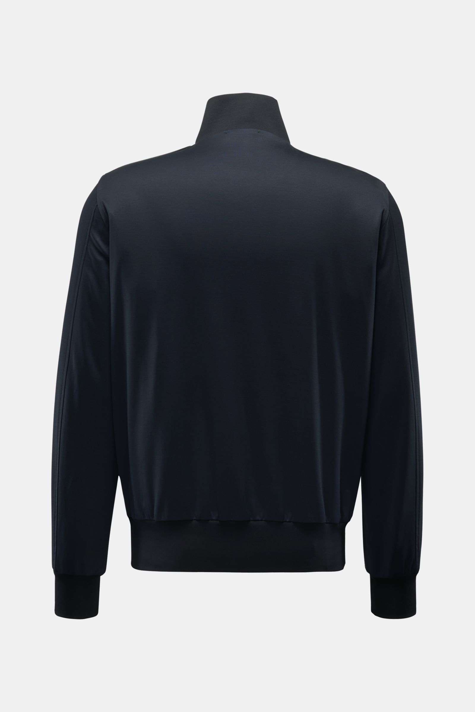 Rear view of Stefan Brandt Jersey blouson 'Jeff' navy in slim fit, high collar, elasticated bands, made of smooth pure Pima cotton.

Exception material and design: With the blouson 'Jeff' STEFAN BRANDT presents a sporty statement piece in the brand’s s