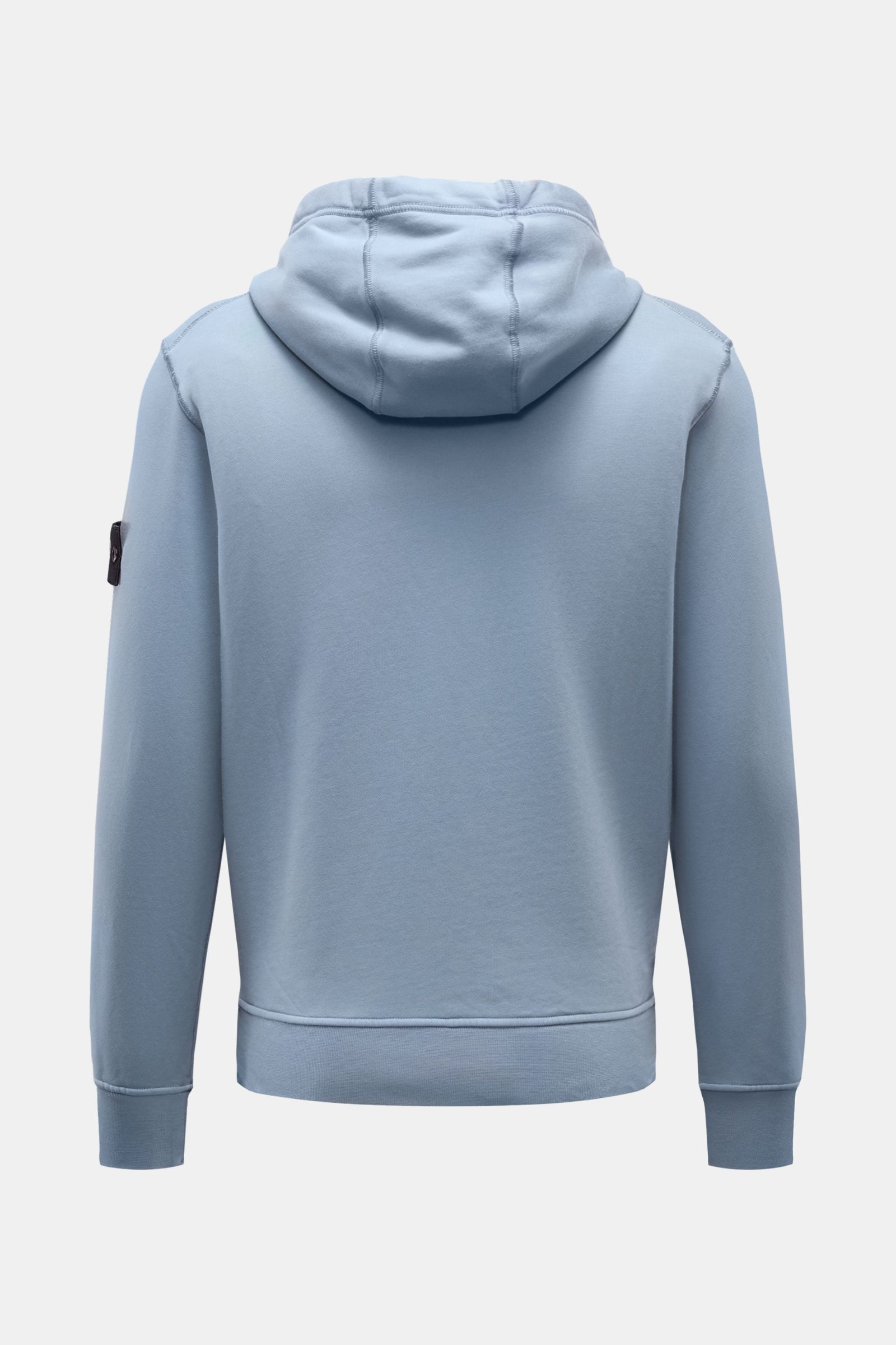 Rear view of Stone Island Sweat jacket smoky blue, a slim fit, garment-dyed pure cotton sweat jacket with hood, split kangaroo pocket, and signature compass badge.

A relaxed basic from STONE ISLAND: This piece-dyed sweat jacket with a practical hood m