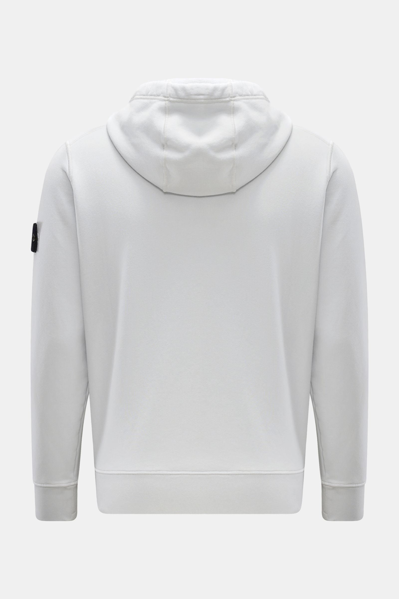 Stone Island Sweatjacke hellgrau Rückansicht mit Kapuze, Kängurutasche, Kompass-Badge, Rippbündchen, Baumwolle, Regular Fit, sportiv, alltagstauglich.