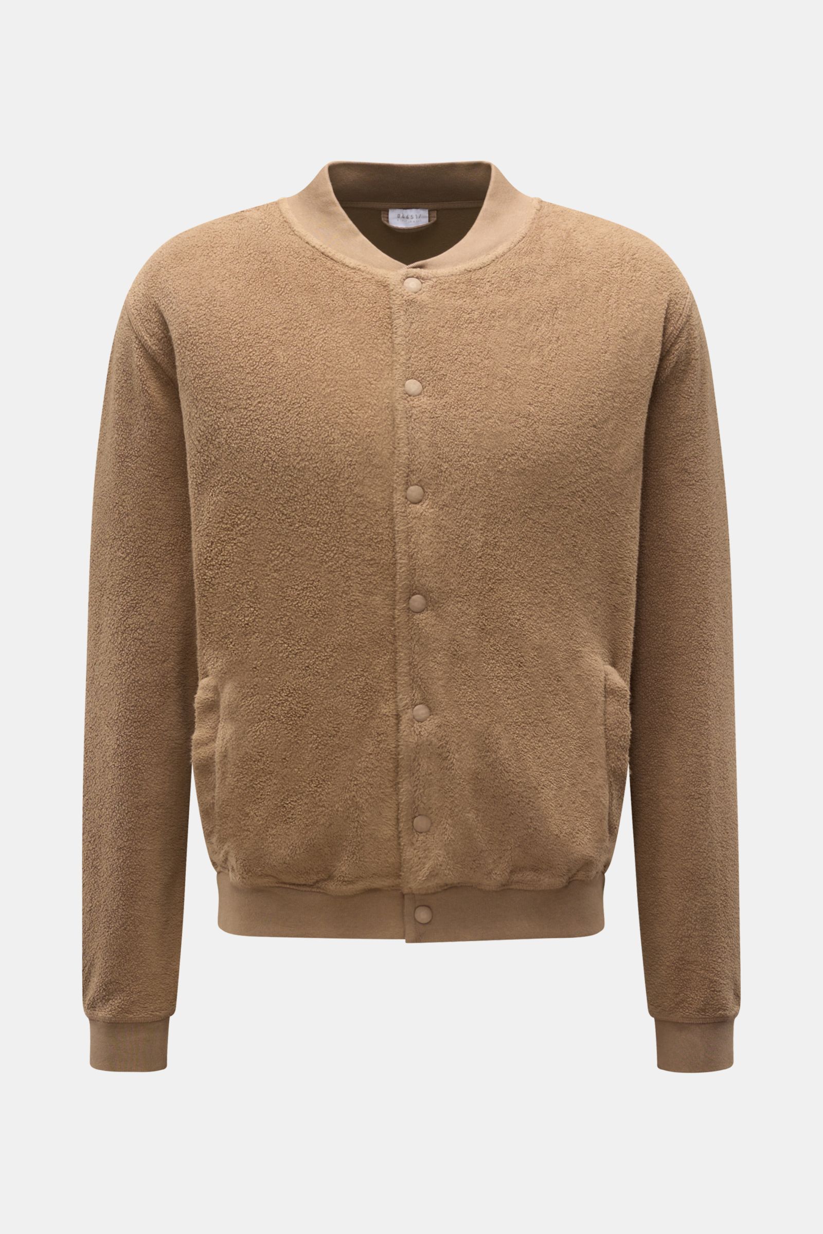 Front view of 04651/ A trip in a bag Fleece blouson taupe, pure cotton fleece, soft feel, slim fit, snap button placket, signature rib knit blouson collar, angled hip pockets, comfortable ribbed bands, woven label in side seam.