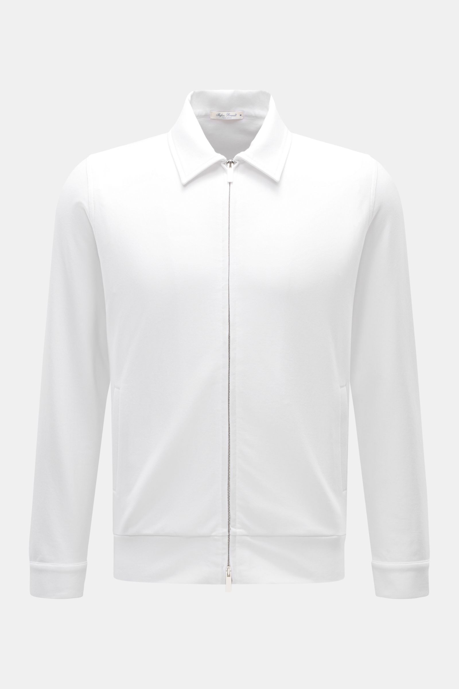 Front view of Stefan Brandt Sweatjacke 'Alek' weiß, a slim fit white sweatshirt jacket made from pure Pima cotton with stretch, featuring a silver two-way zipper, turn-down collar, slanted welt pockets, cuffed sleeves, and wide flexible hem cuffs for supe