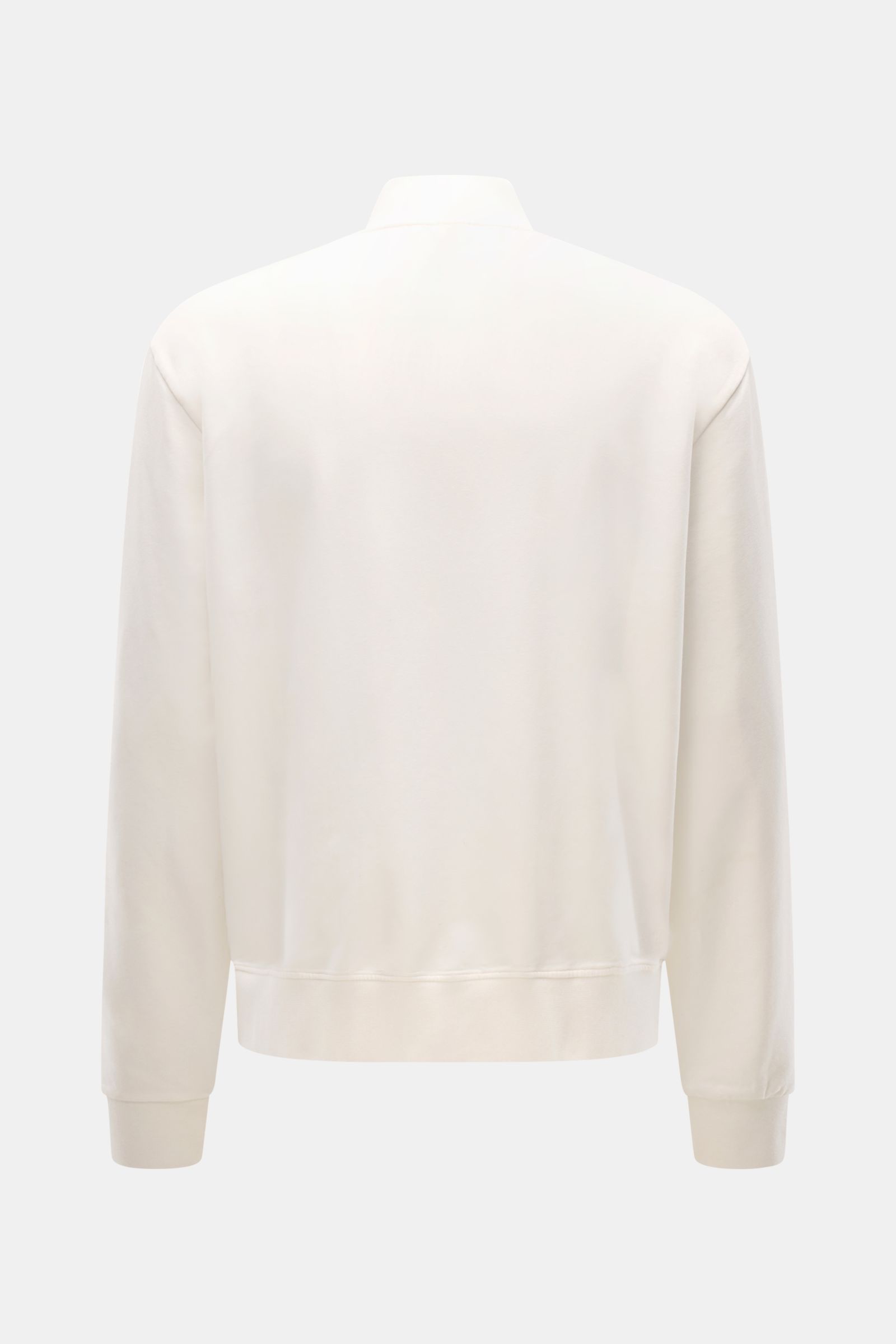 Rear view of 04651/ A trip in a bag Sweat jacket 'IF Track' off-white showing its regular fit, high-fastening collar, and ribbed cuffs.

Relaxation on the move: The sweat jacket 'IF Track' by 04651/ A TRIP IN A BAG is made of super soft cotton jersey a