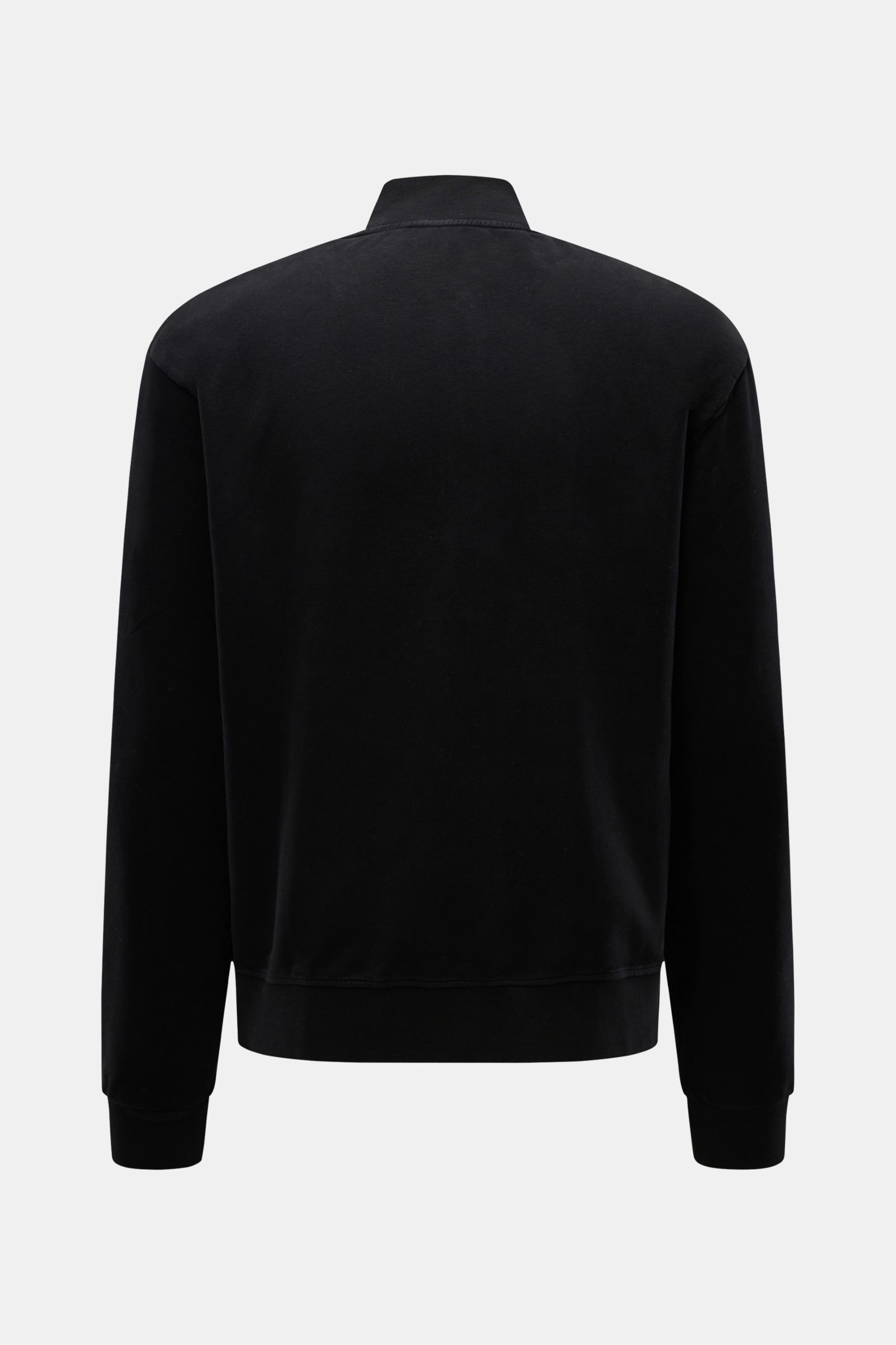 Rear view of 04651/ A trip in a bag Sweat jacket 'IF Track' black, showing regular fit, high collar, ribbed bands, and long sleeves.

Relaxation on the move: The sweat jacket 'IF Track' by 04651/ A TRIP IN A BAG is made of super soft cotton jersey and 